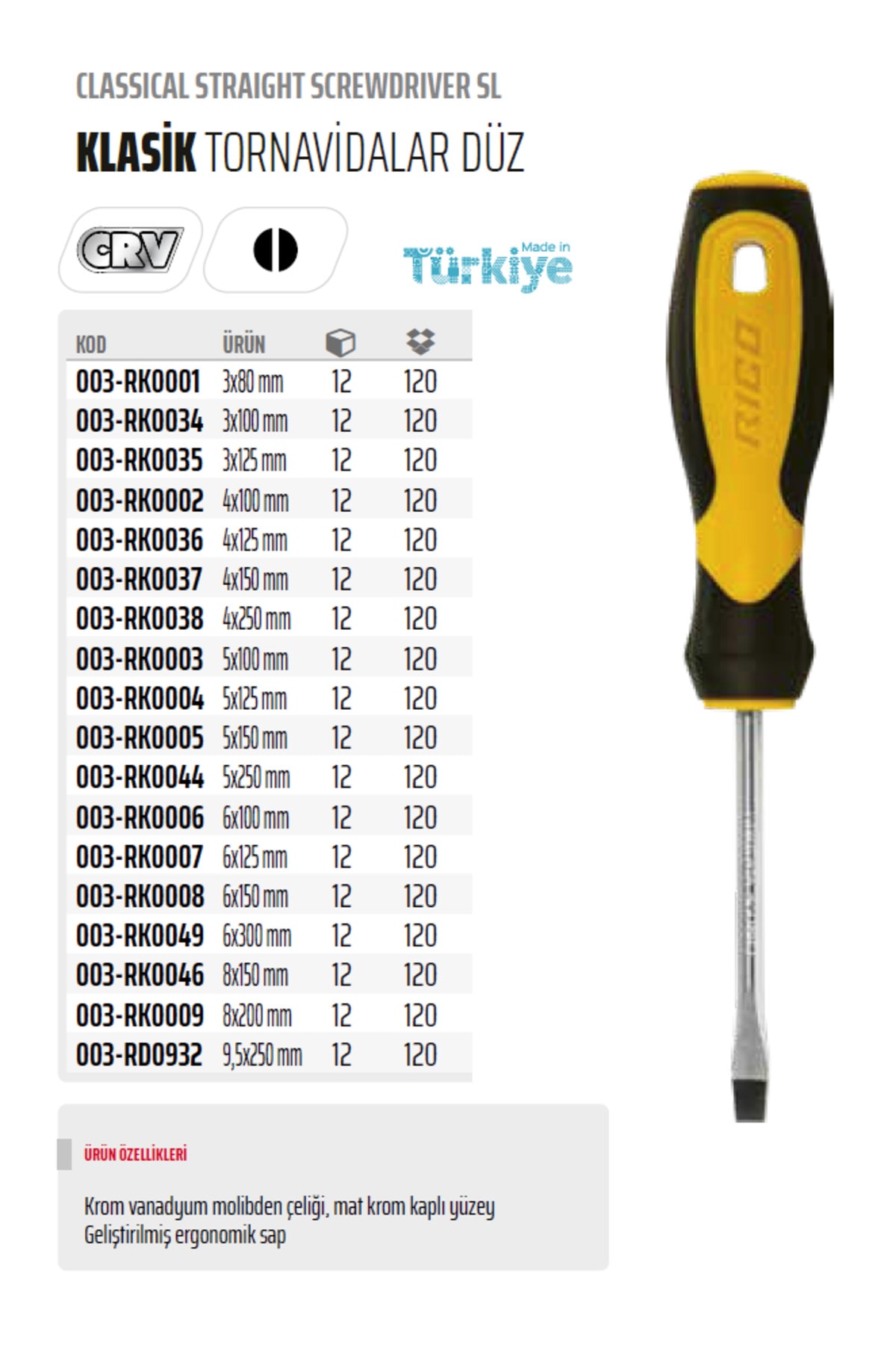 RİCO 8x200 Klasik Seri Düz Uçlu Tornavida 003-RK0009