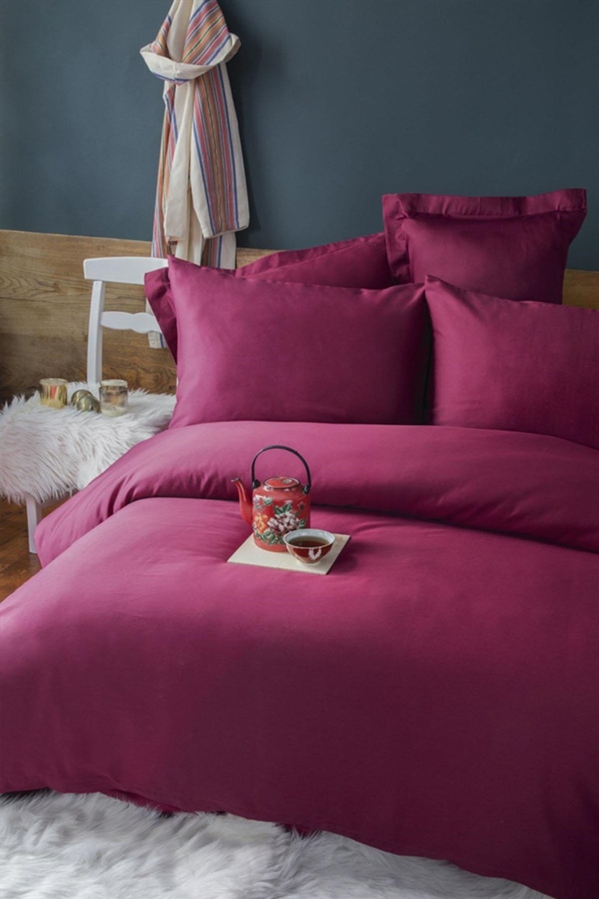 Simply Bordo Saten Nevresim Takımı Aile Seti