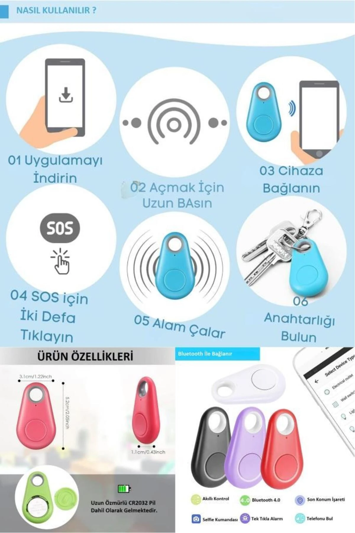 Alarmlı Kayıp Eşya Bulucu Akıllı Anahtarlık Selfie Çekim Kumandası Akıllı Anahtarlık