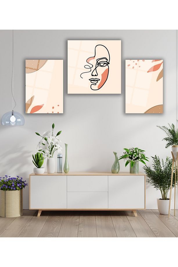 Soyut Kadın Üçlü Set Cam Tablo, Modern Ev Ofis Salon Duvar Dekoru Hediyelik Büyük Tablo Dekor