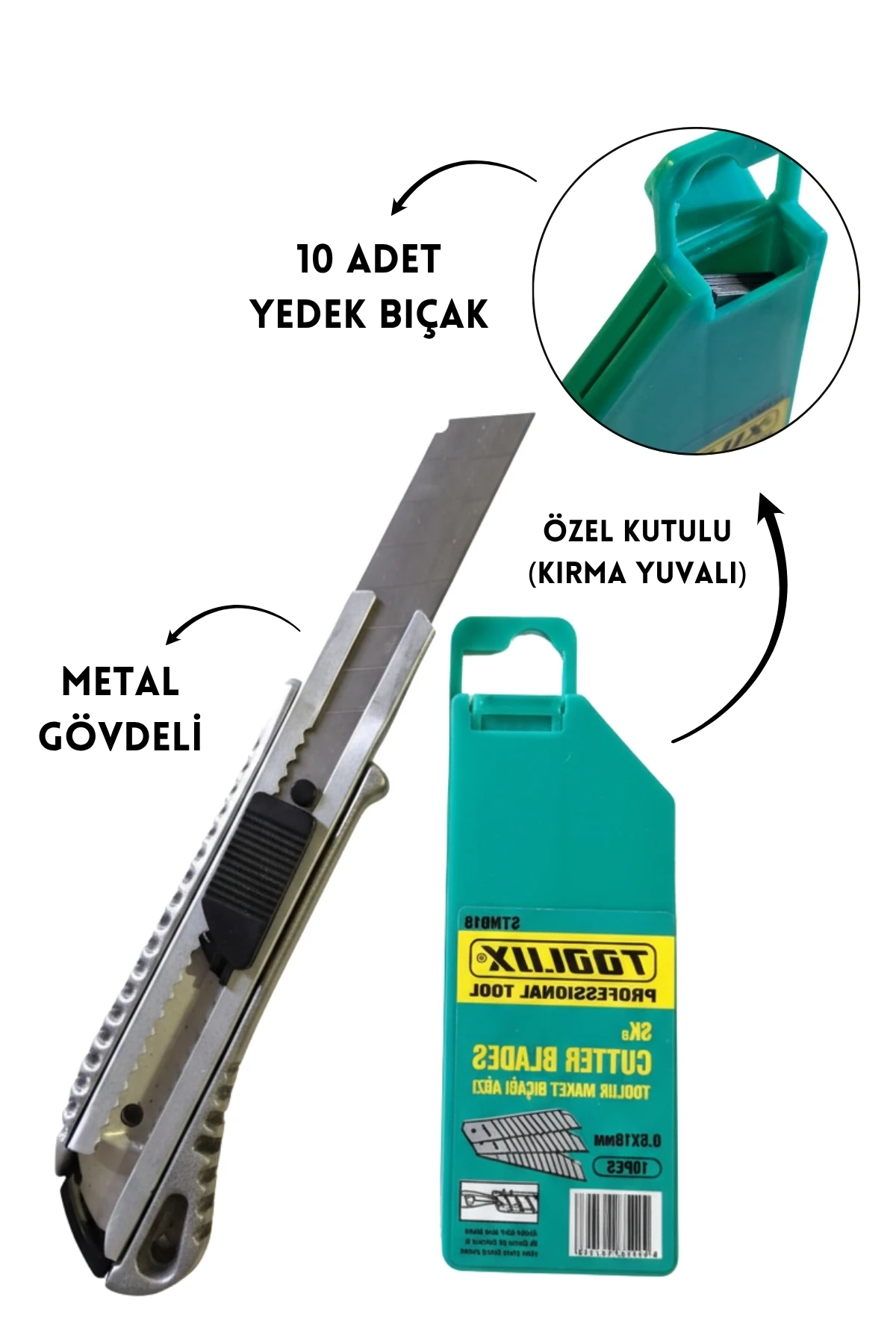 Metal Falçata Maket Bıçağı – 10 Adet Yedek Bıçak Kutulu ve Kırma Uçlu Set - Profesyonel