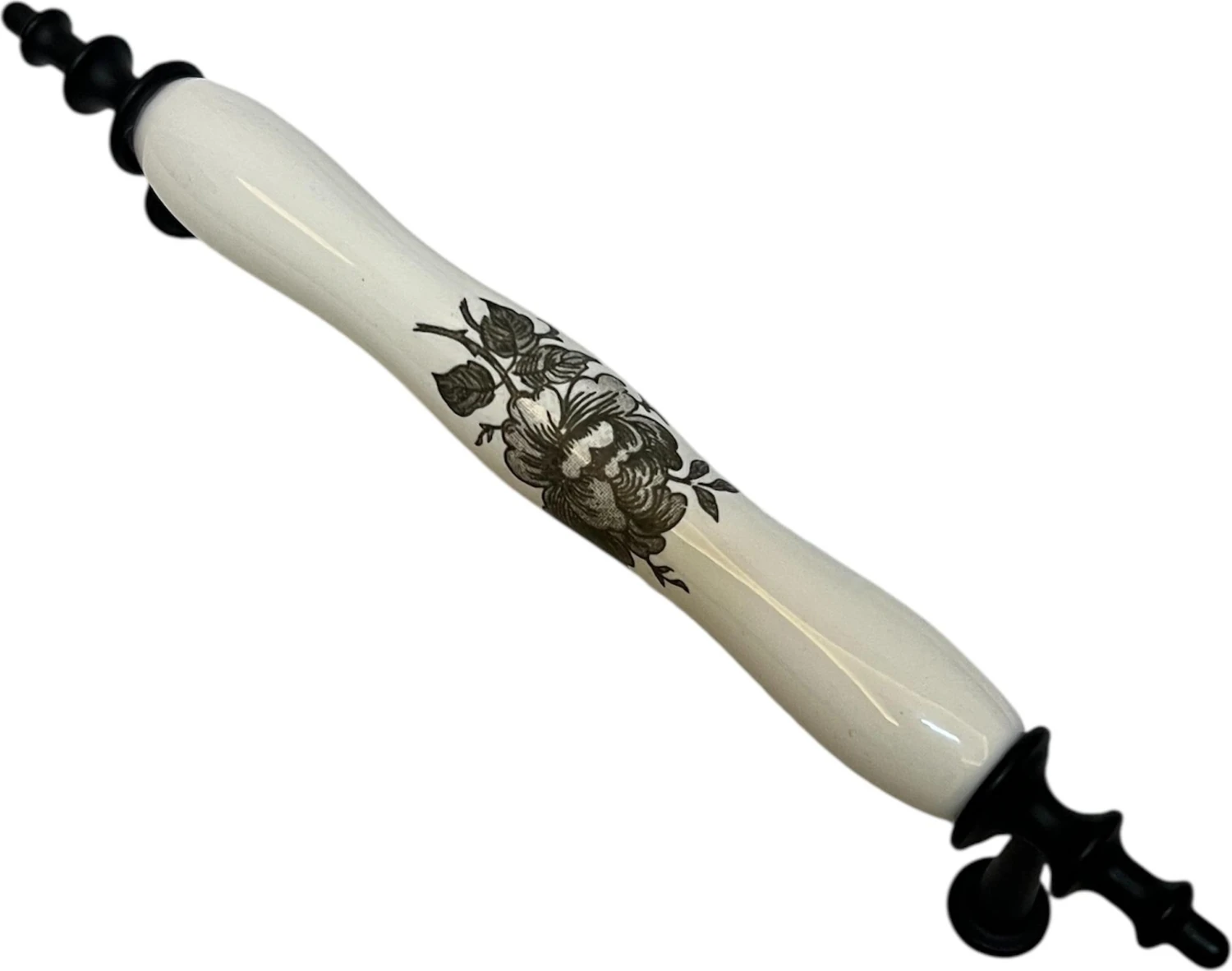 Porselen Kulp Siyah Gül Desenli 128MM(12.8CM) Ayakları Siyah Mobilya Çekmece Kapak Kulbu