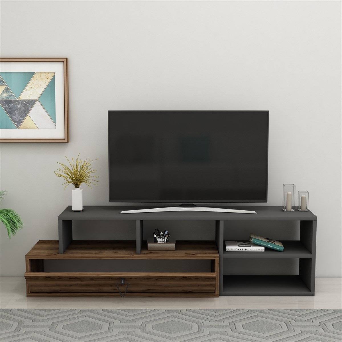 Duru Raflı Kapaklı Modern Tv Sehpası, Ceviz Antrasit - Duru