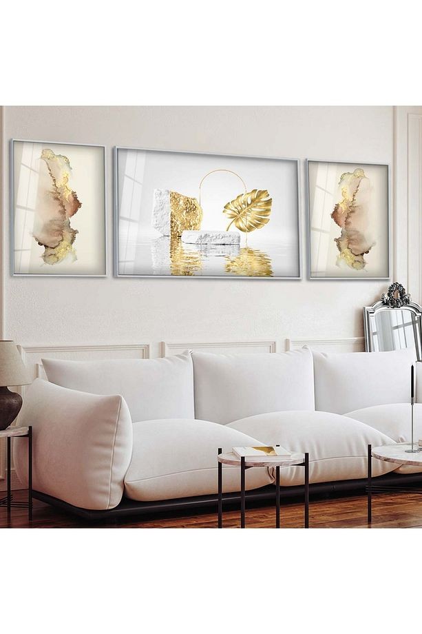 Gümüş Metal Çerçeveli Altın Desen Modern Kırılmaz Cam Tablo