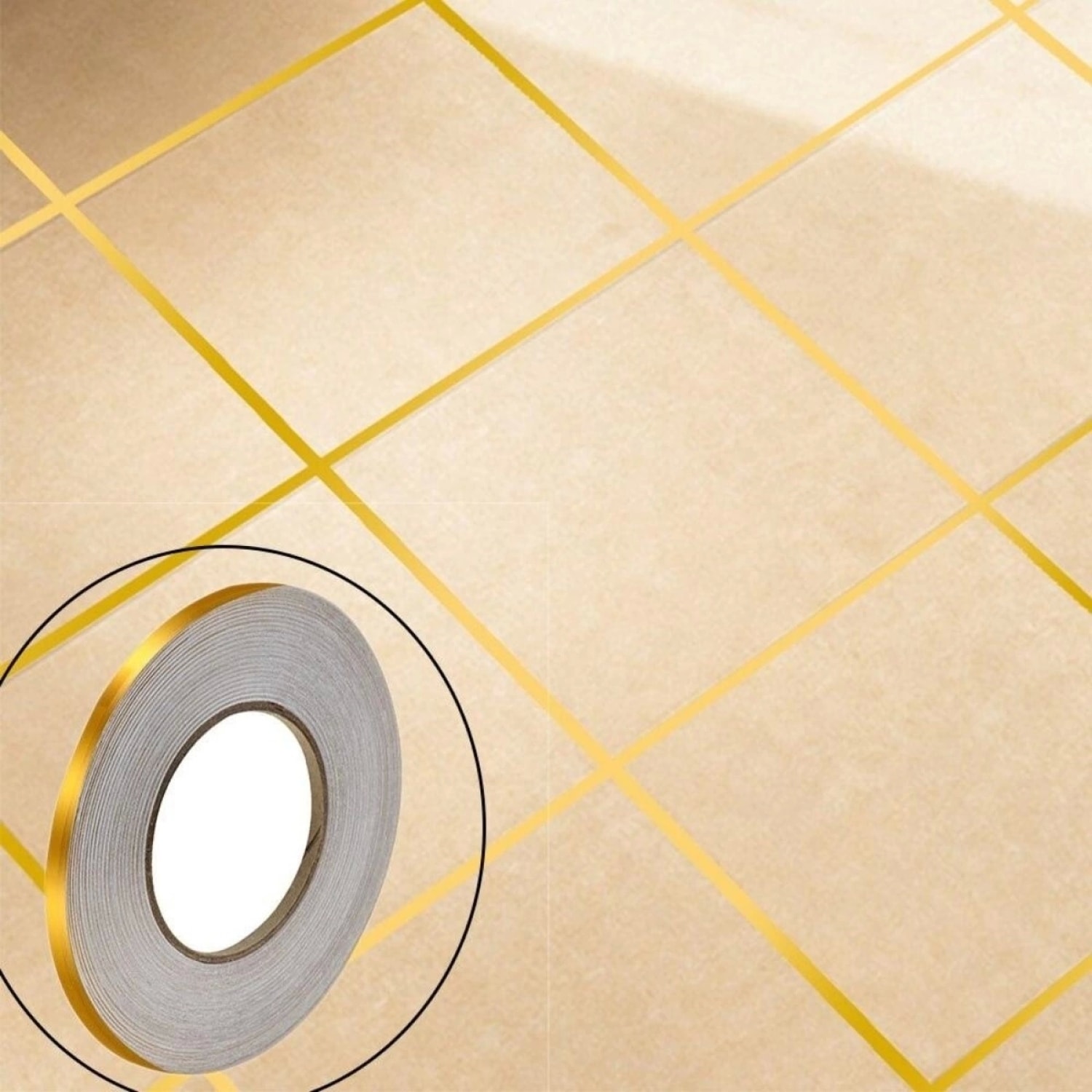 50 Metre Fayans Arası Şerit Dekoratif Yapışkan Renkli Dekor Su Geçirmez Sızdırmaz Altın Bant Kaplama 0.5 cm Genişliğindedir (4887)