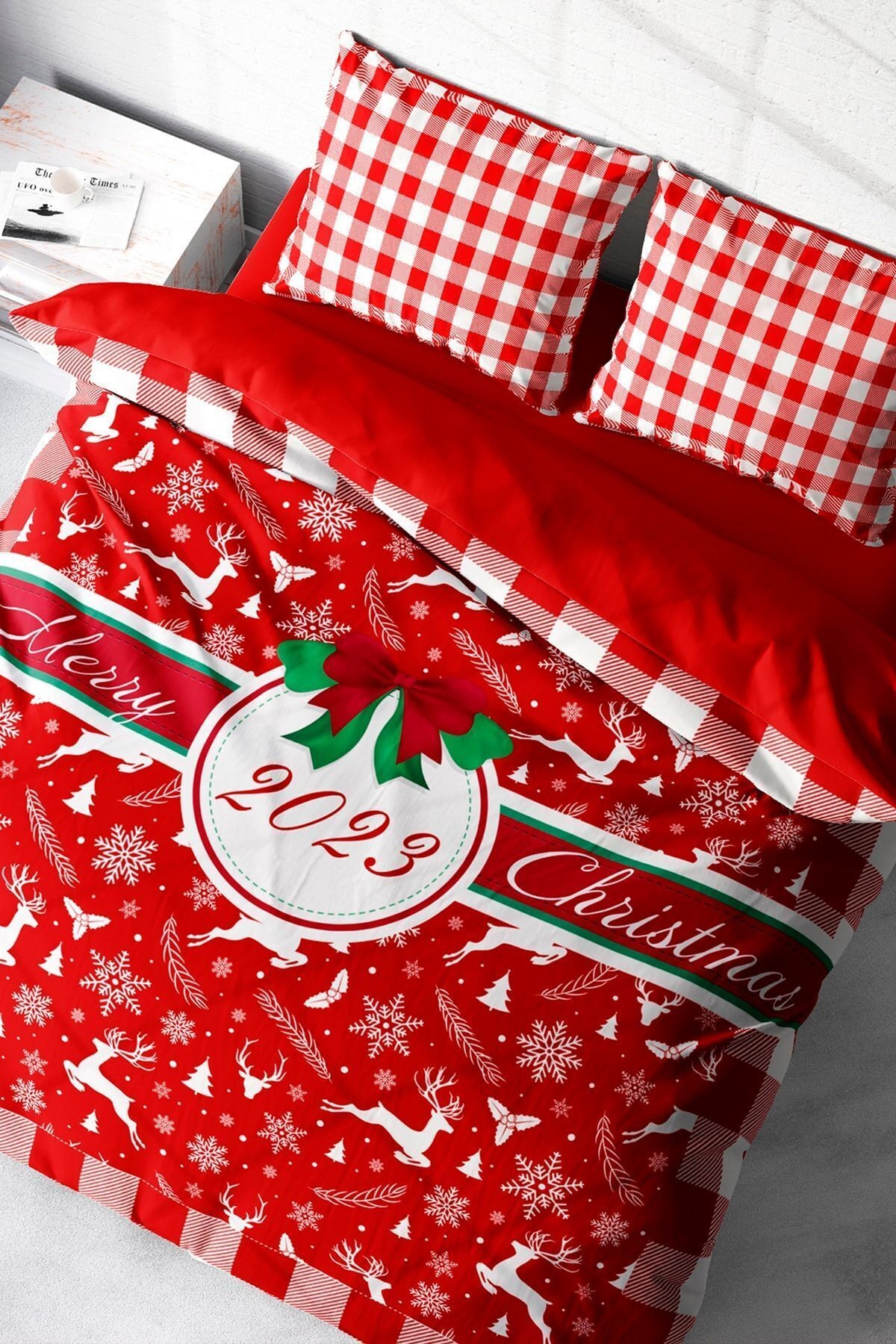 Yılbaşı Süsü 2023 Merry Christmas Çift Kişilik 3d Nevresim Takımı Pamuk Saten