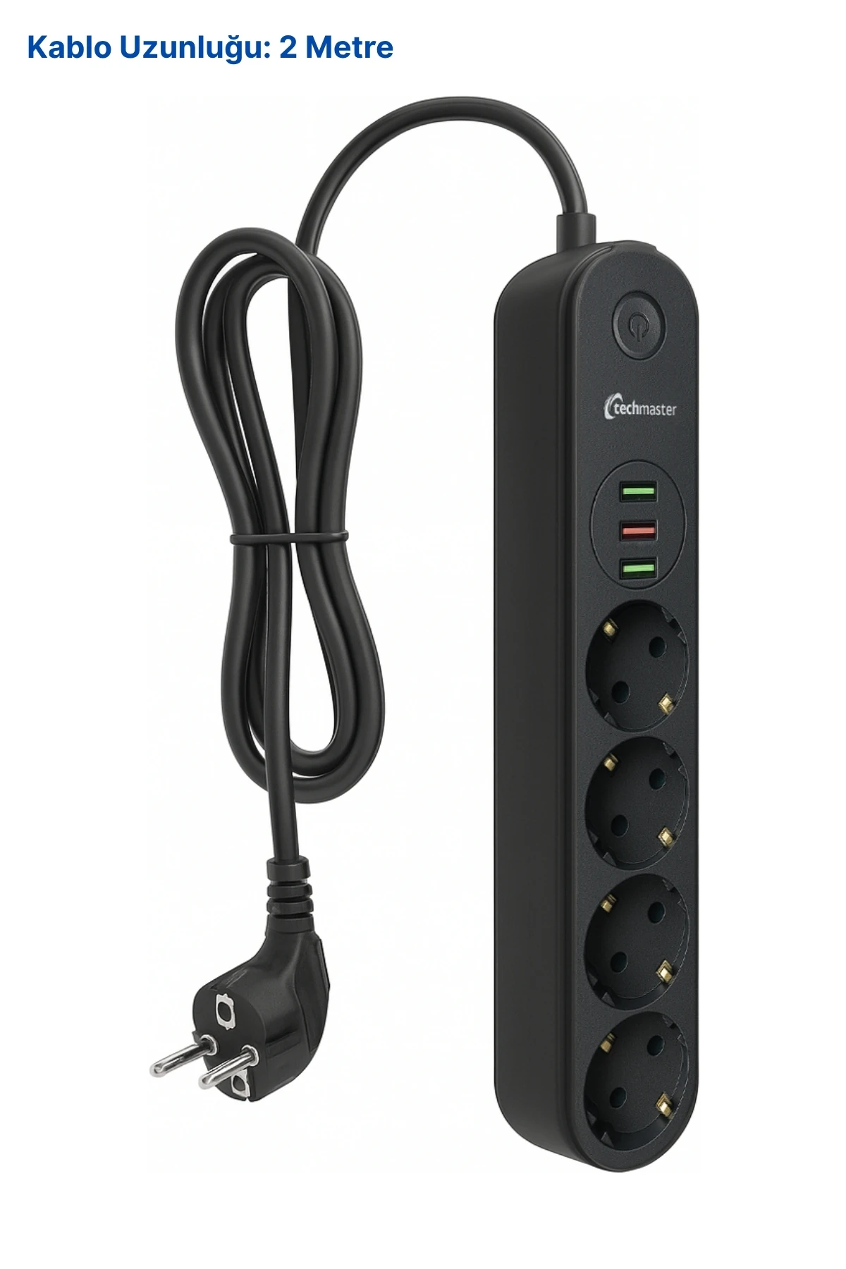 Çocuk Güvenli 4'lü Priz, Siyah, 2m Kablo, Güç ve Güvenlik Birlikte
