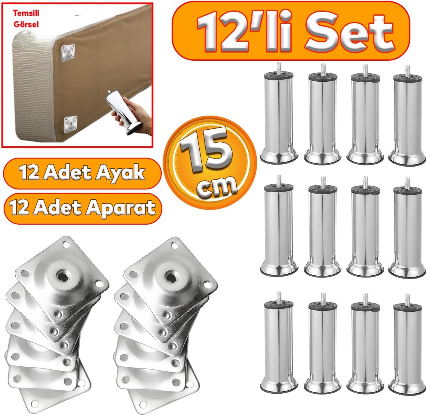 Mobilya Kanepe Baza Koltuk Çekyat 15 cm Krom Metal Yükseltme Ayağı M8 Aparatlı 12'li Set