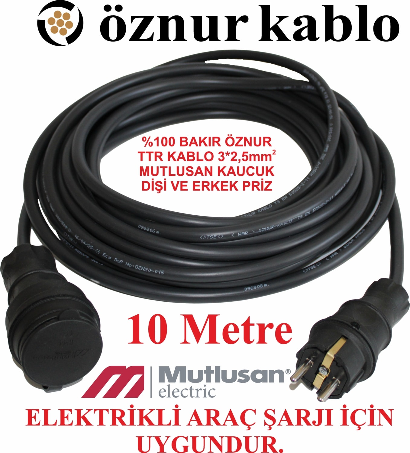 3x2,5 Ttr Kalın Bakır Kablo Seyyar 10 Metre Kaucuk Fiş Araç Şarjına Uygundur