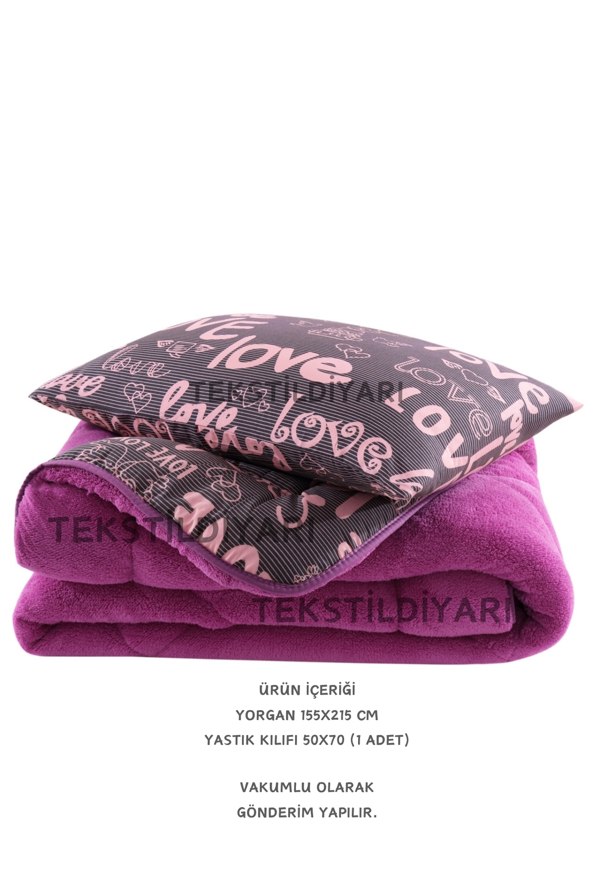 Tek Kişilik Çift Taraflı Welsoft Yorgan Mürdüm Love
