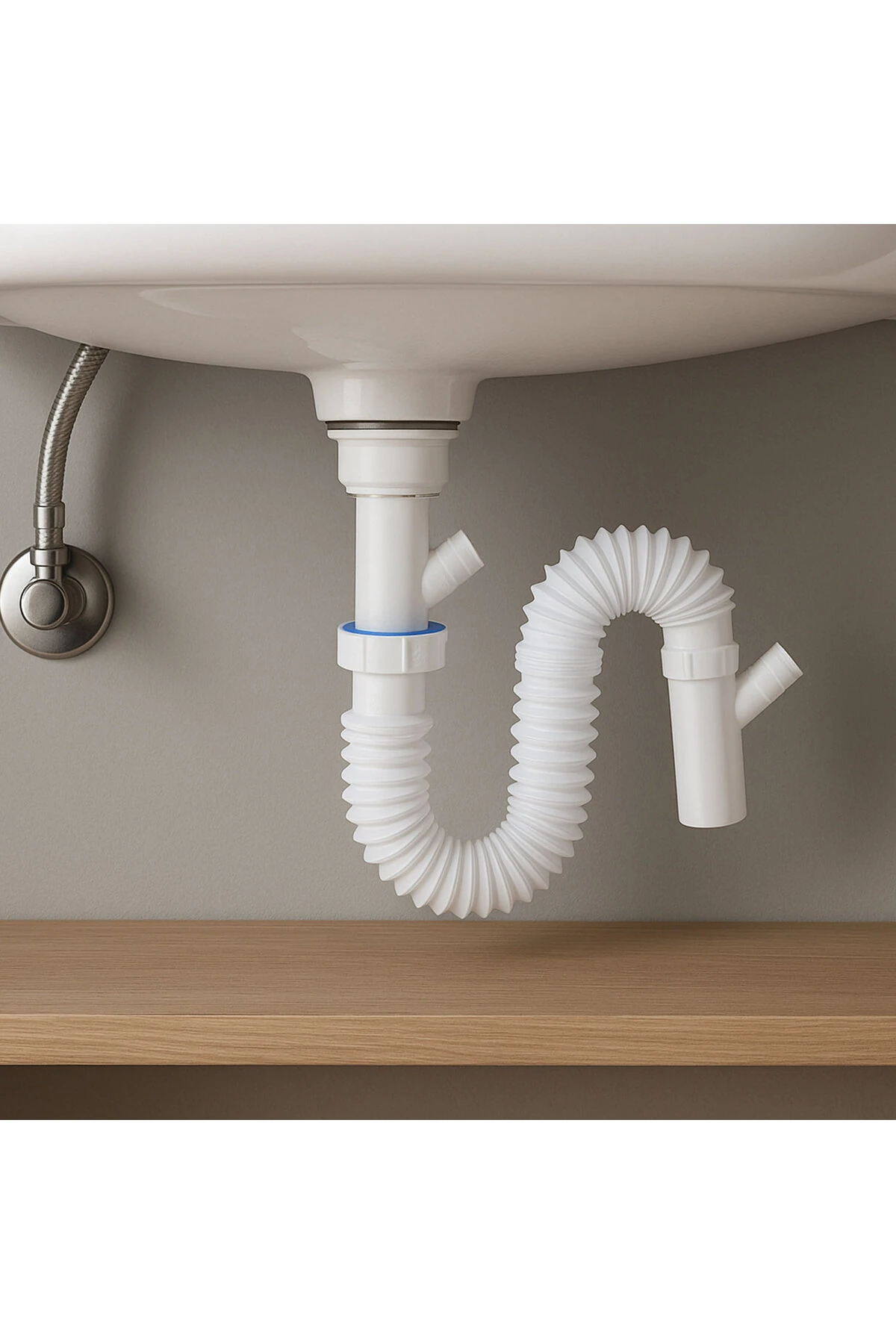 Lavabo Sifonu Çift Çıkışlı Körüklü Hortum Çamaşır ve Bulaşık Makinesi Uyumlu Süzgeç Koku Yapmaz