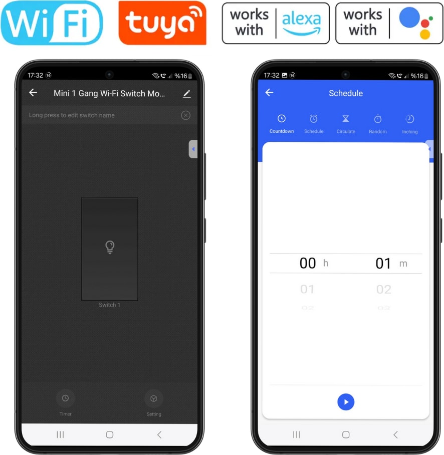 Tuya Uyumlu Tekli Wifi Akıllı Anahtar (10A - 220V Röle) - Tek Çıkışlı, Anahtar Girişli, Google Asistan, Alexa Destekli Switch