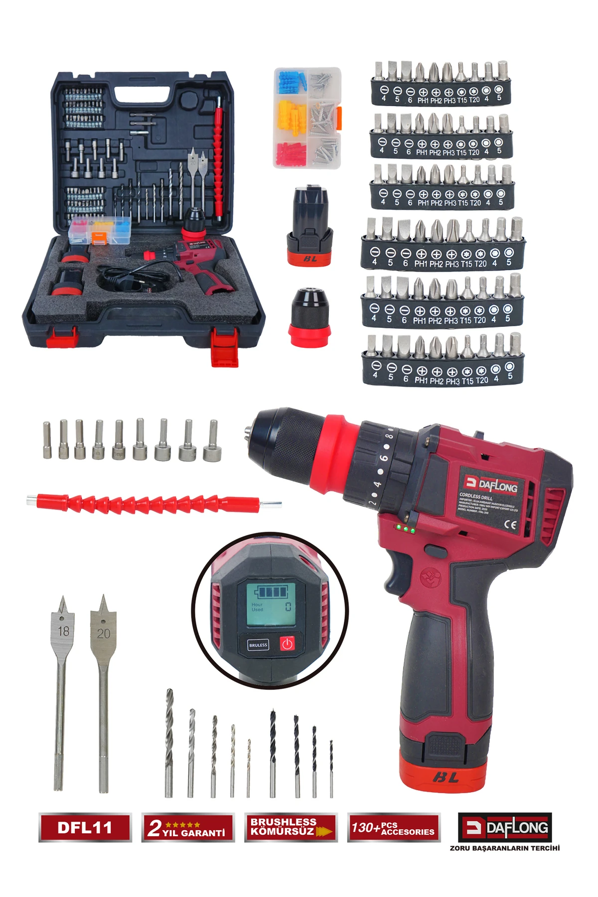 PRO DİJİTAL EKRANLI DİJİTAL AYARLANABİLİR HIZLI ÇELİK MANDREN ARMUT BATARYA+MANDREN HEDİYELİ DFL-11