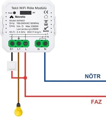 Tuya Uyumlu Tekli Wifi Akıllı Anahtar (10A - 220V Röle) - Tek Çıkışlı, Anahtar Girişli