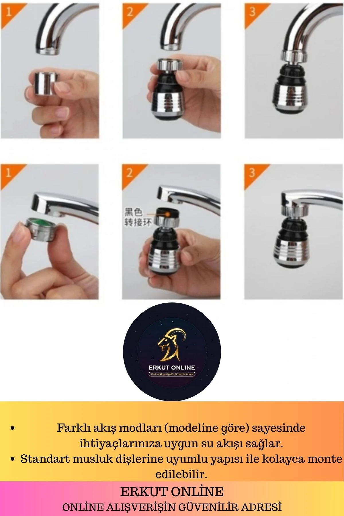 Paslanmaz Mutfak Banyo Lavabo Dayanıklı 360° Dönebilen Su Tasarruflu 2 Modlu Kısa Musluk Başlığı