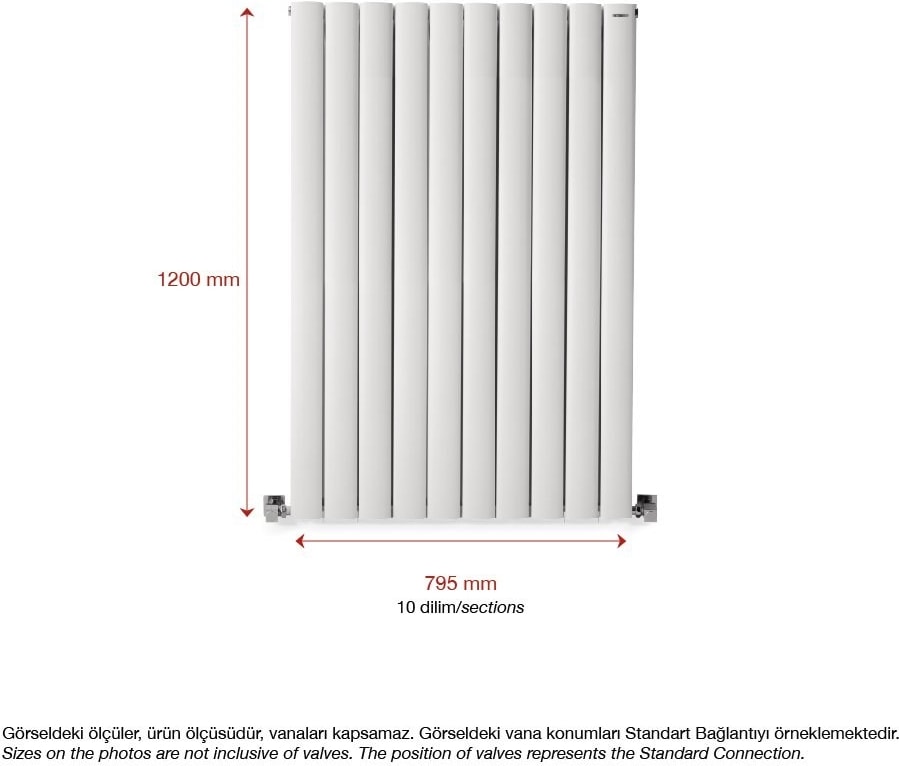 1200 x 795 mm Lilac Dikey Beyaz Alüminyum Radyatör Standart Bağlantı