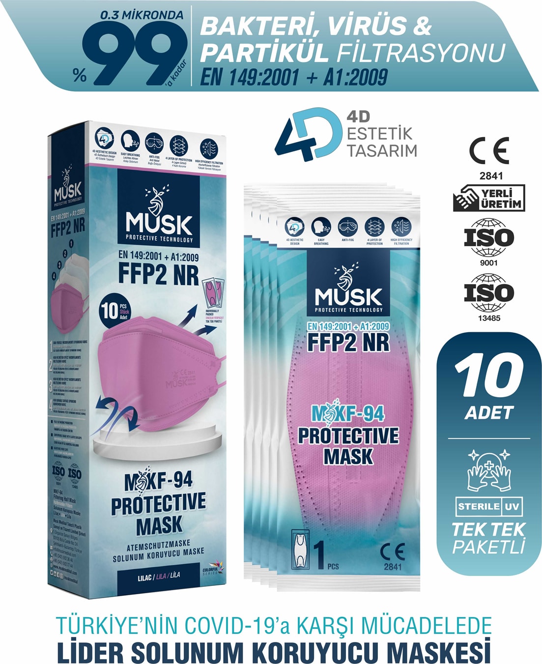 KF94 Kore Tipi Ffp2 Maske Lila Renk 10 Adet