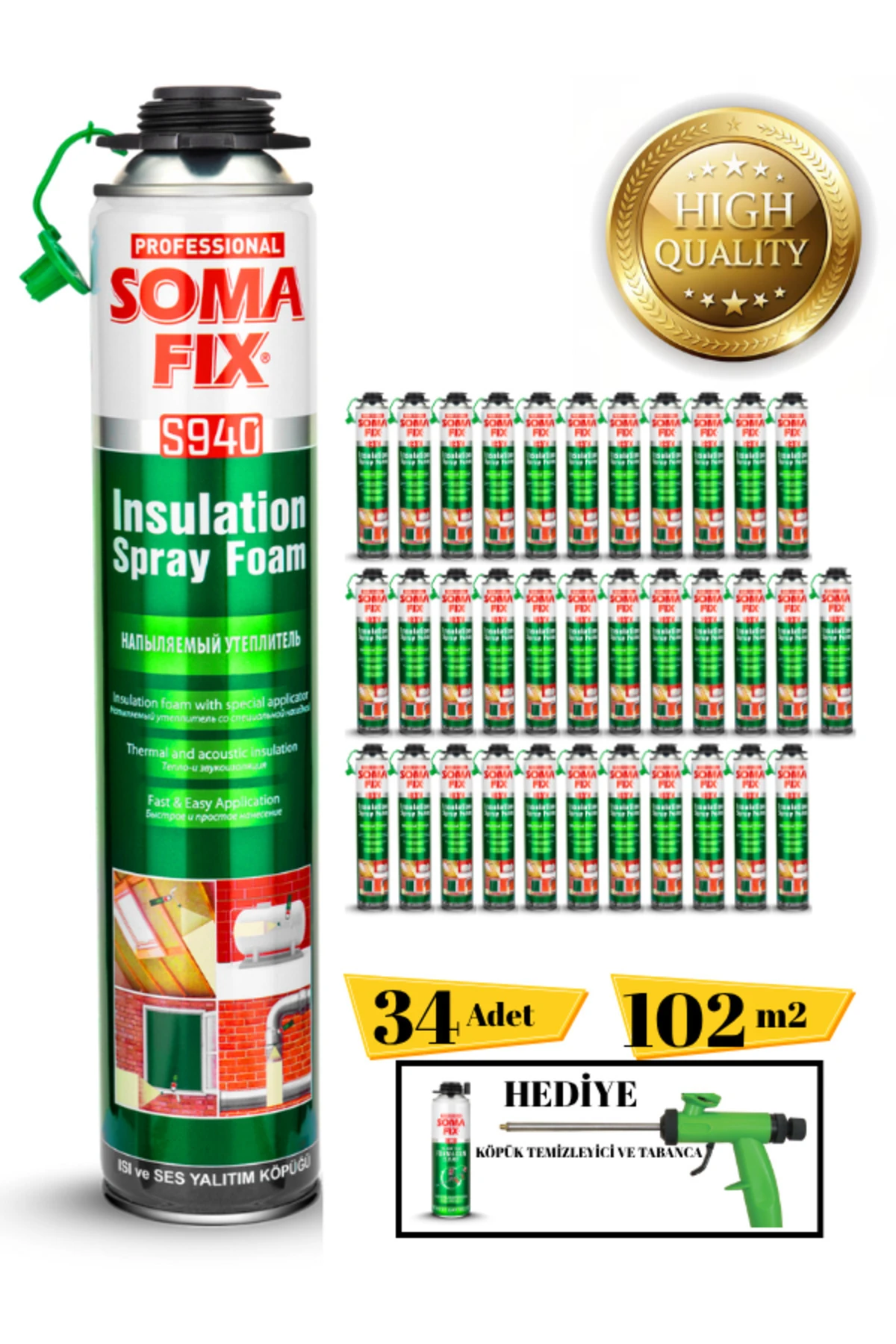 Poliüretan Termal Isı Ve Ses Yalıtım Sprey Köpük (34 ADET) Tabanca Ve Temizleyici Hediyeli