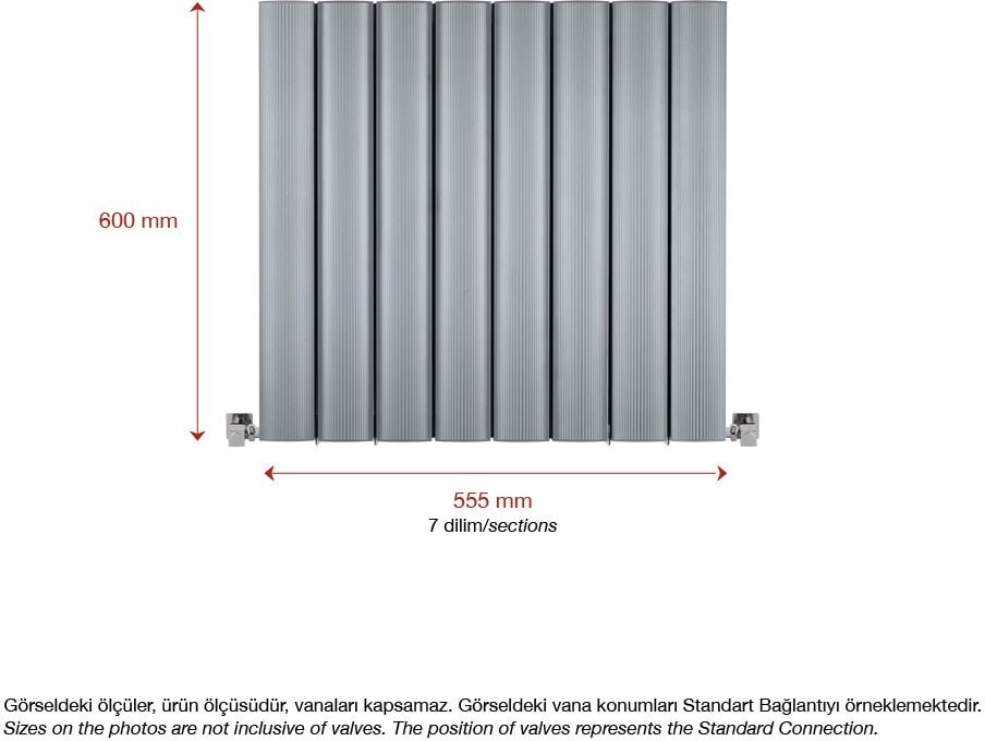600 x 555 mm Amber Yatay Gümüş Gri Alüminyum Radyatör Standart Bağlantı