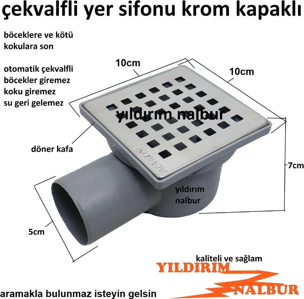 Yersifonu 15X15X50 Krom Paslanmaz Yandan Çıkış Klapalı Yer Sifonu Çekvalfli