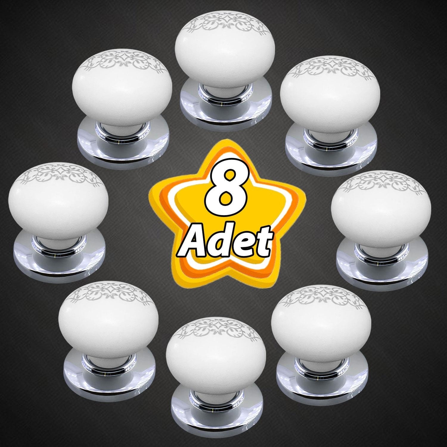 8 Adet Hanımeli Kulp Beyaz Polimer Düğme Kulp Krom Tablalı Mobilya Mutfak Dolabı Çekmece Kulbu