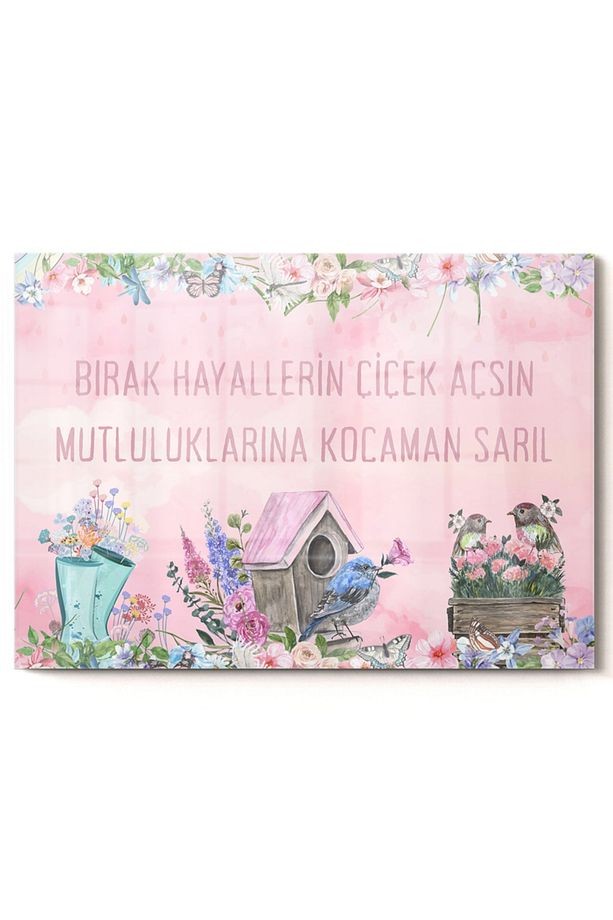 Motto Söz Mutluluk Hayaller | Kelimeler Temalı Cam Tablo | 50x70 Cm