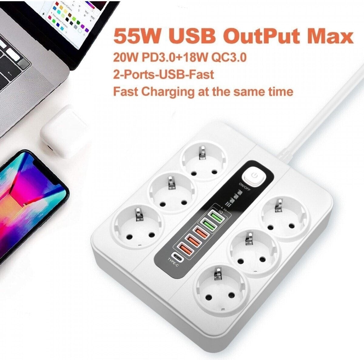 Termal Akım Korumalı 3000W 6 Lı Priz 2 Metre Uzatma Kablosu Çoklu Priz 5 USB 1 Type C Pd Giriş