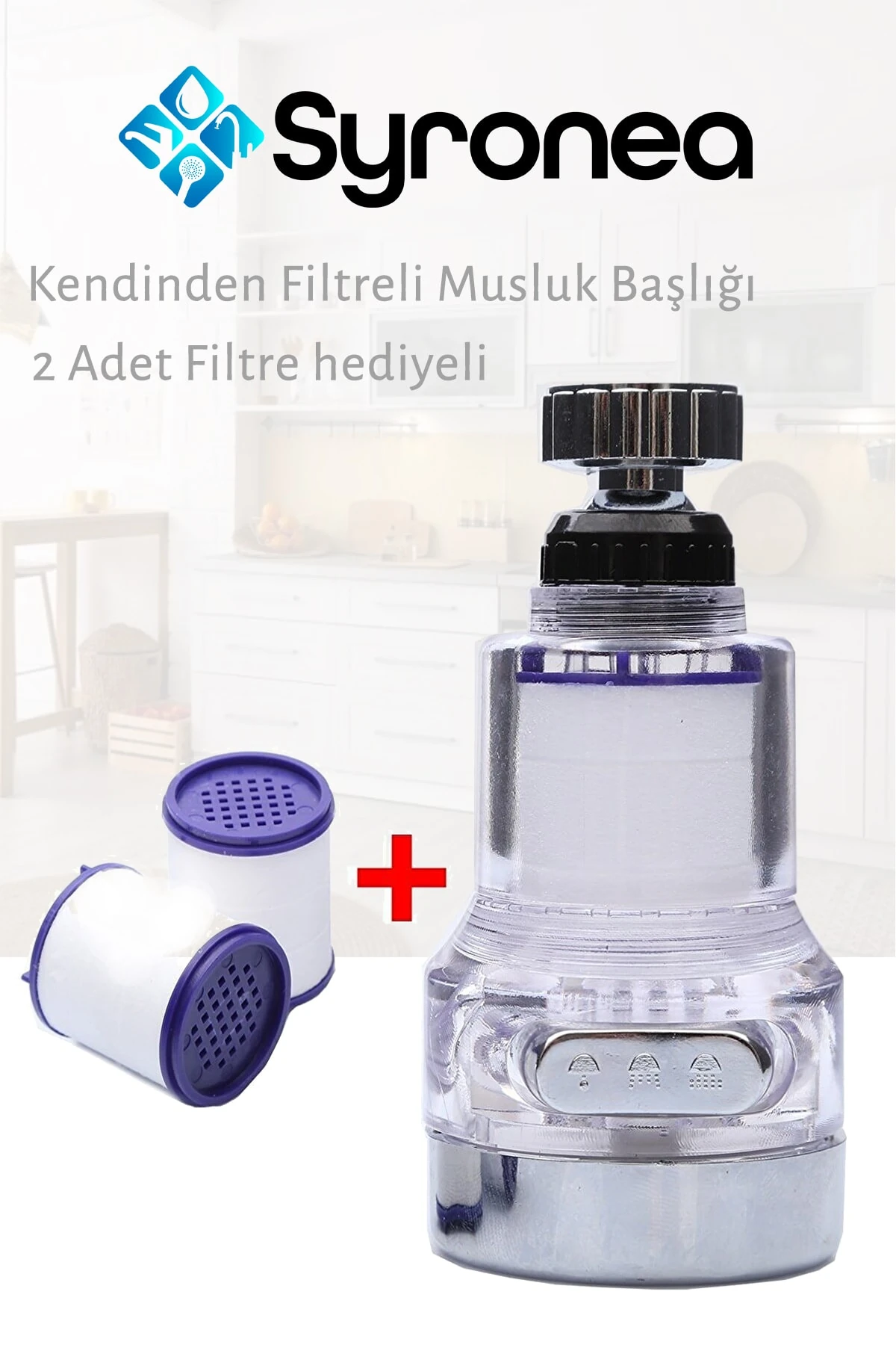 Kendinden Filtreli Şeffaf Mutfak Musluk Başlığı 360 Derece Döner 2 Adet Filtre Hediye