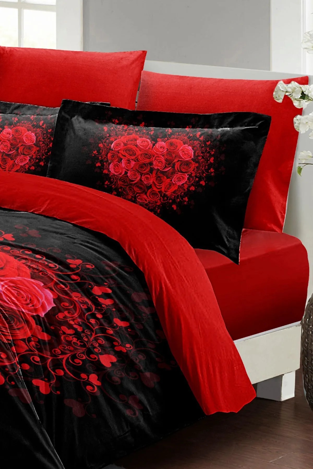 Çeyizlik Kalpli 3d Nevresim Takımı | %100 Pamuk Saten Rose Black Çift Kişilik