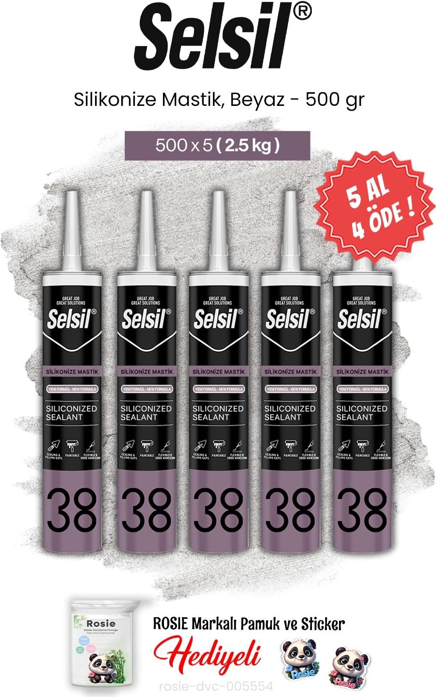 5 Al 4 Öde Silikonize Mastik, 500 Gr, Beyaz ve Rosie Pamuk
