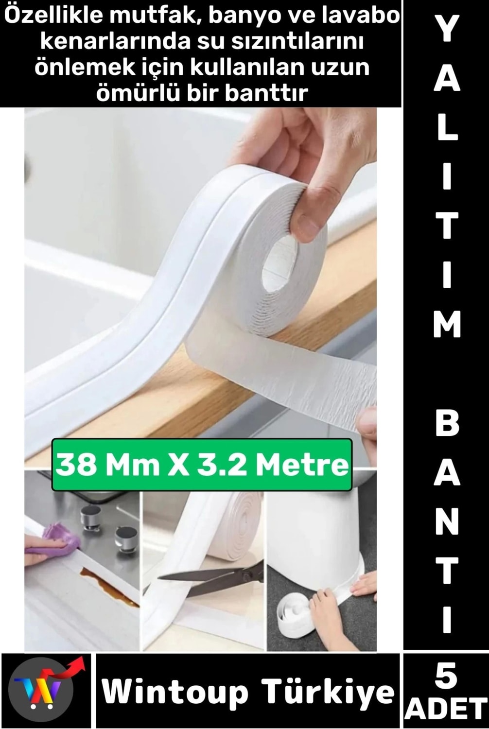 OZKUVVET Dayanıklı Lavabo Kenar Küvet Pvc Su Sızdırmaz Yağ Küf Kir Önleyici Yalıtım Bantı 3.2 Metre 5 Adet