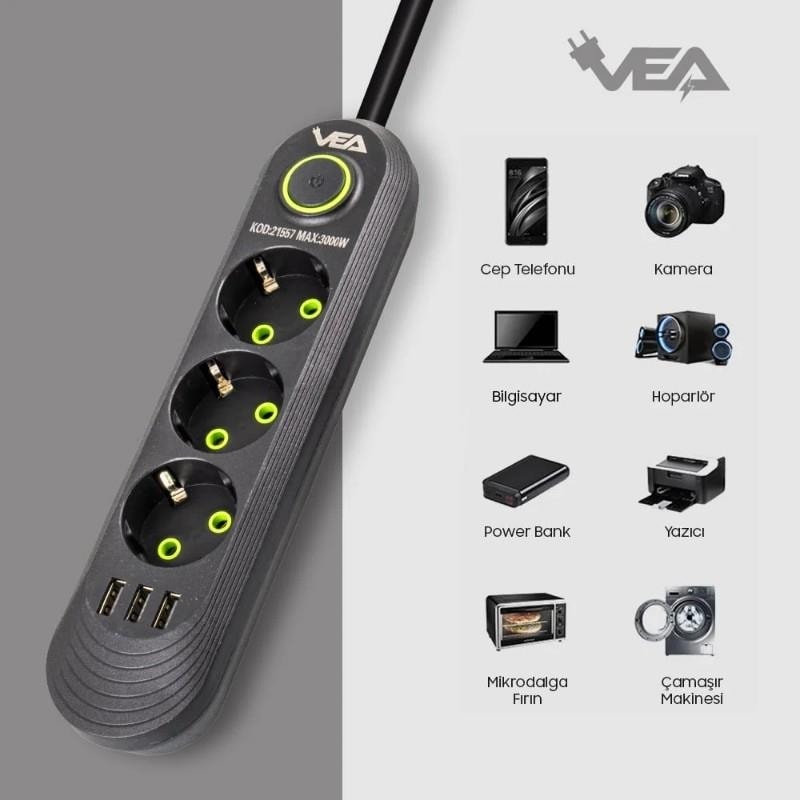 VA-21557 3 x Usb'li 3'lü 1.5 Metre Akım Korumalı Priz Siyah
