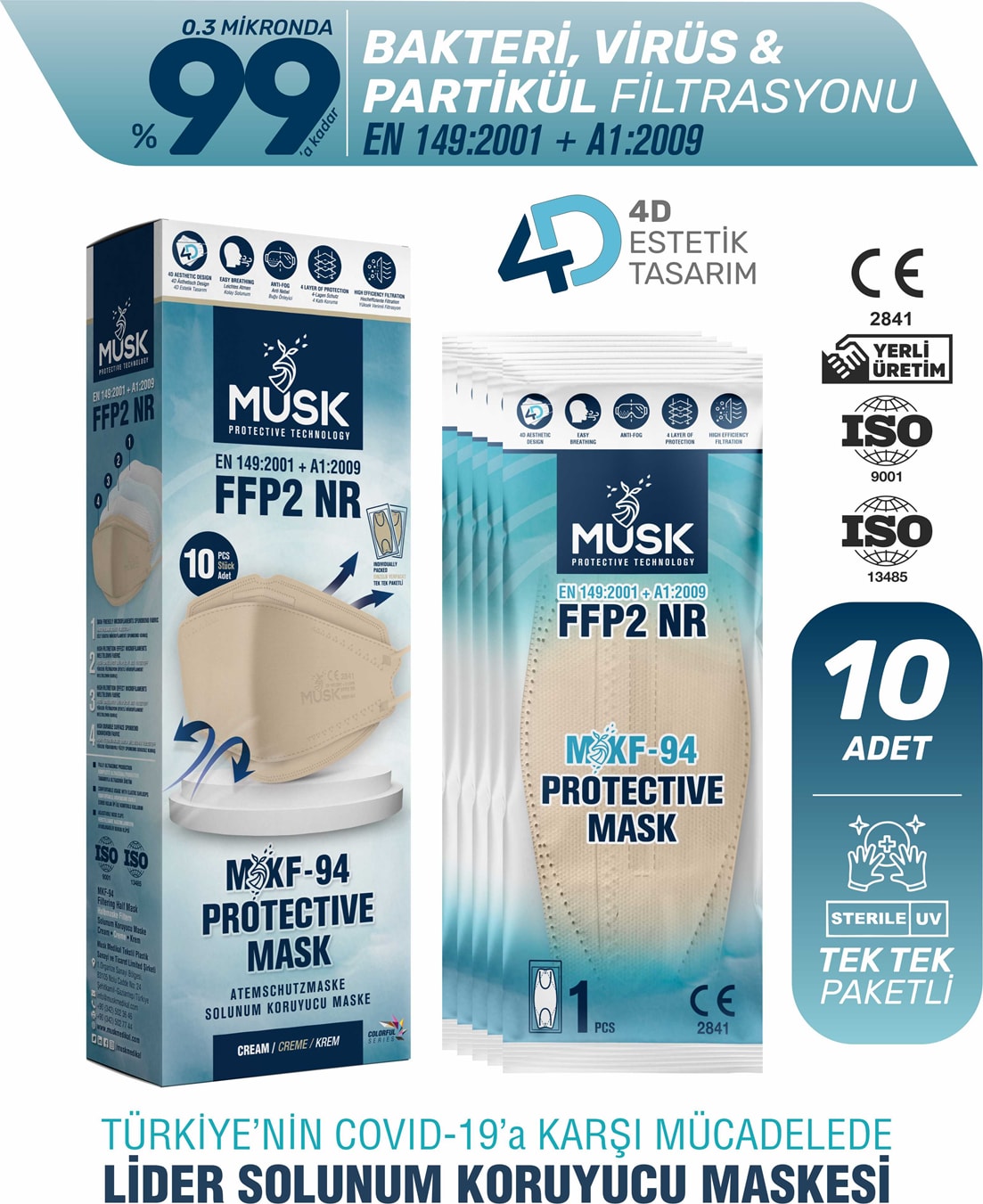 KF94 Kore Tipi FFP2 Maske Krem- 4 Katmanlı Meltblown Mikrofilament Kumaş, Standart Beden, Ergonomik 4D Tasarım, %99 Koruma, 10 Adet