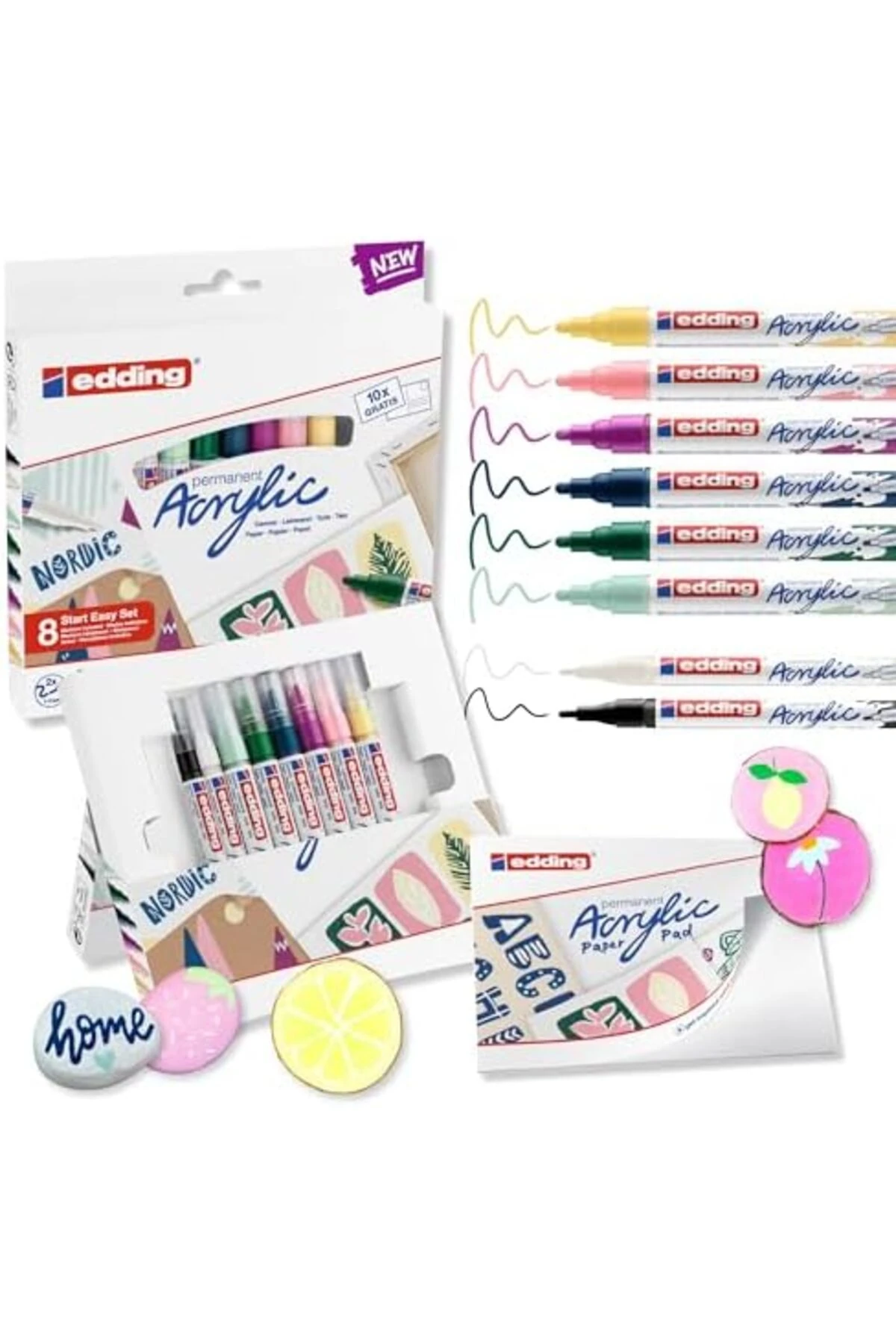 Start Easy Set akrilik boya kalemleri, su geçirmez; ince ve orta uç, kartpostal pedi dahil - 8'li
