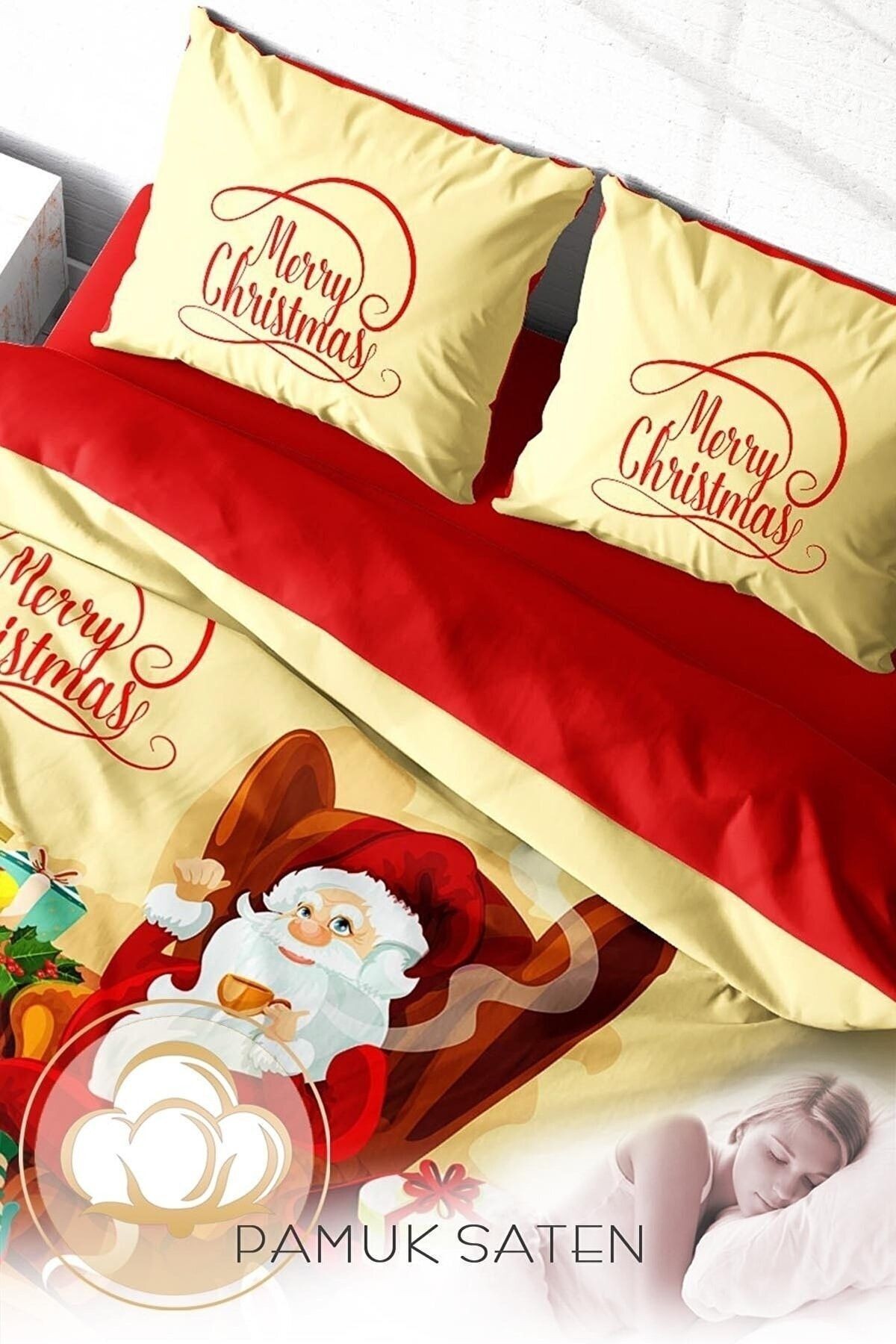 Yılbaşı Süsü Noel Baba Noel %100 Pamuk Saten 3d Çift Kişilik Nevresim Takımı