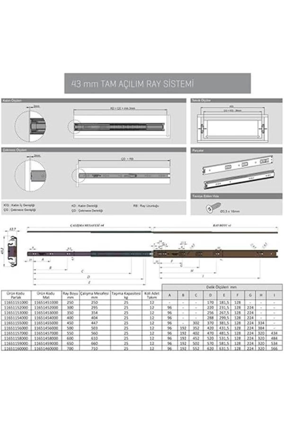 Galvanizli Teleskopik Çekmece Rayı 35x350