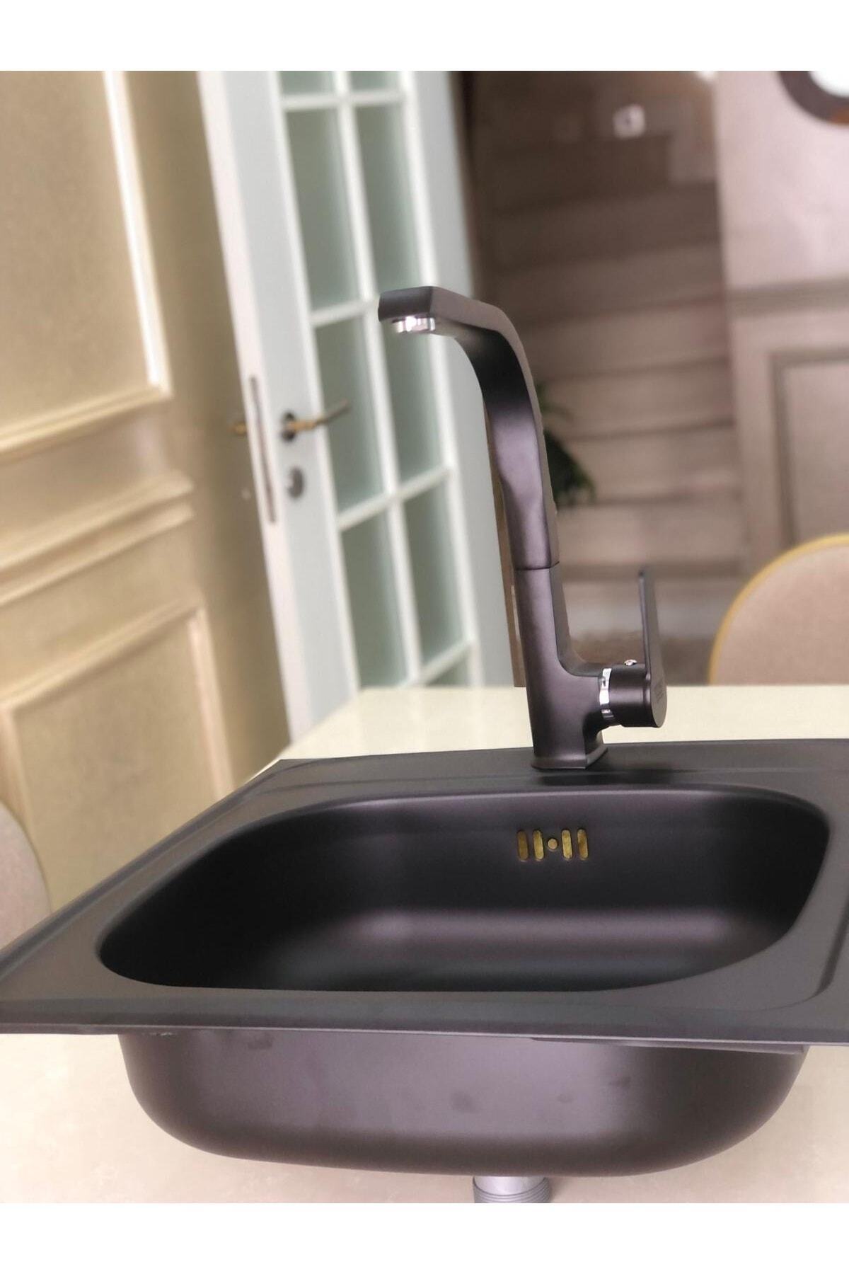 Siyah Grenli Granit Desen Kaplamalı Üstten Takmalı Kare 50 X 50 Cm Ölçülerinde Paslanmaz Evye