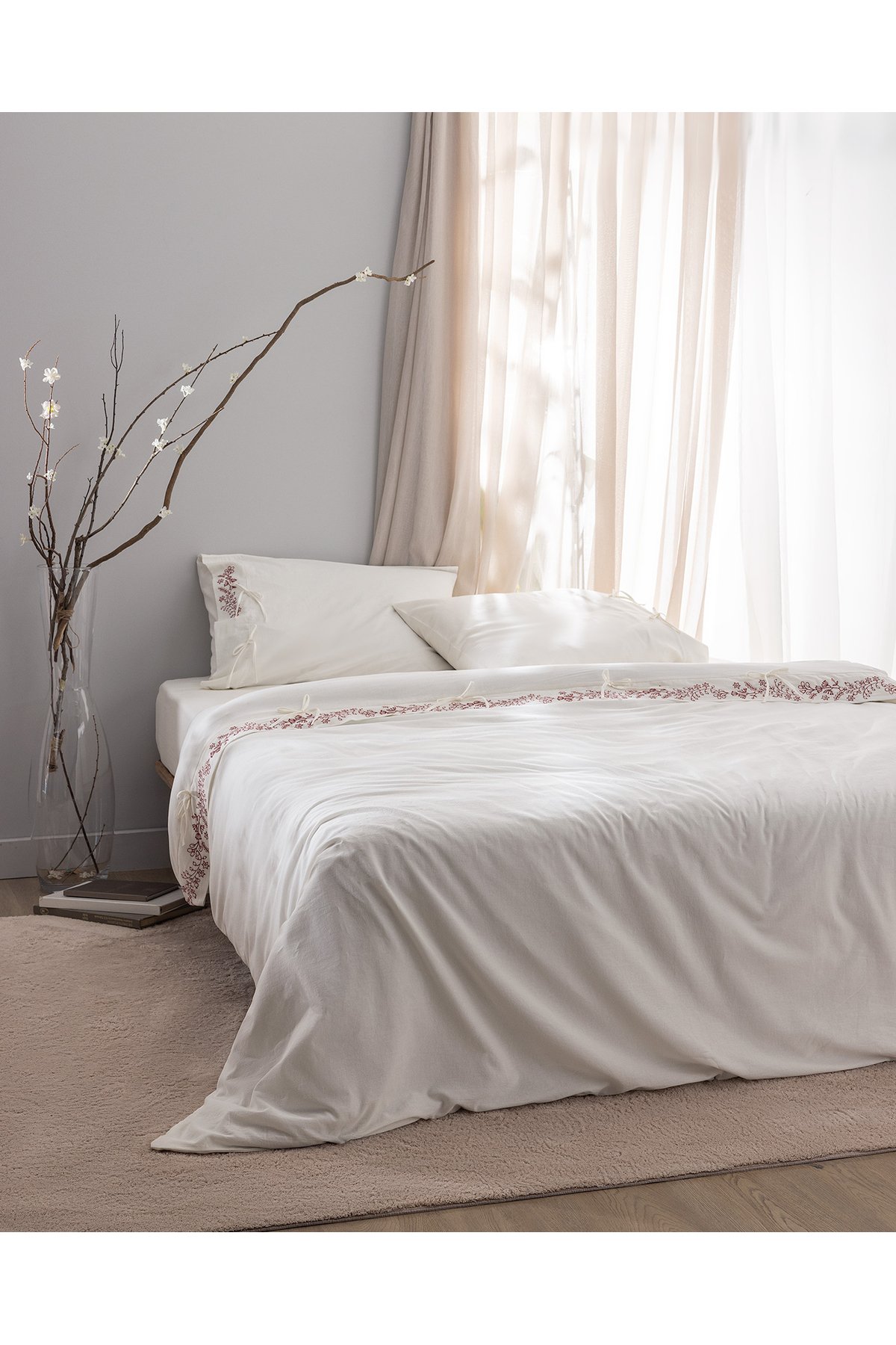 Relief King Size %100 Pamuk Bağlamalı Nevresim Takımı - Ekru/Kırmızı