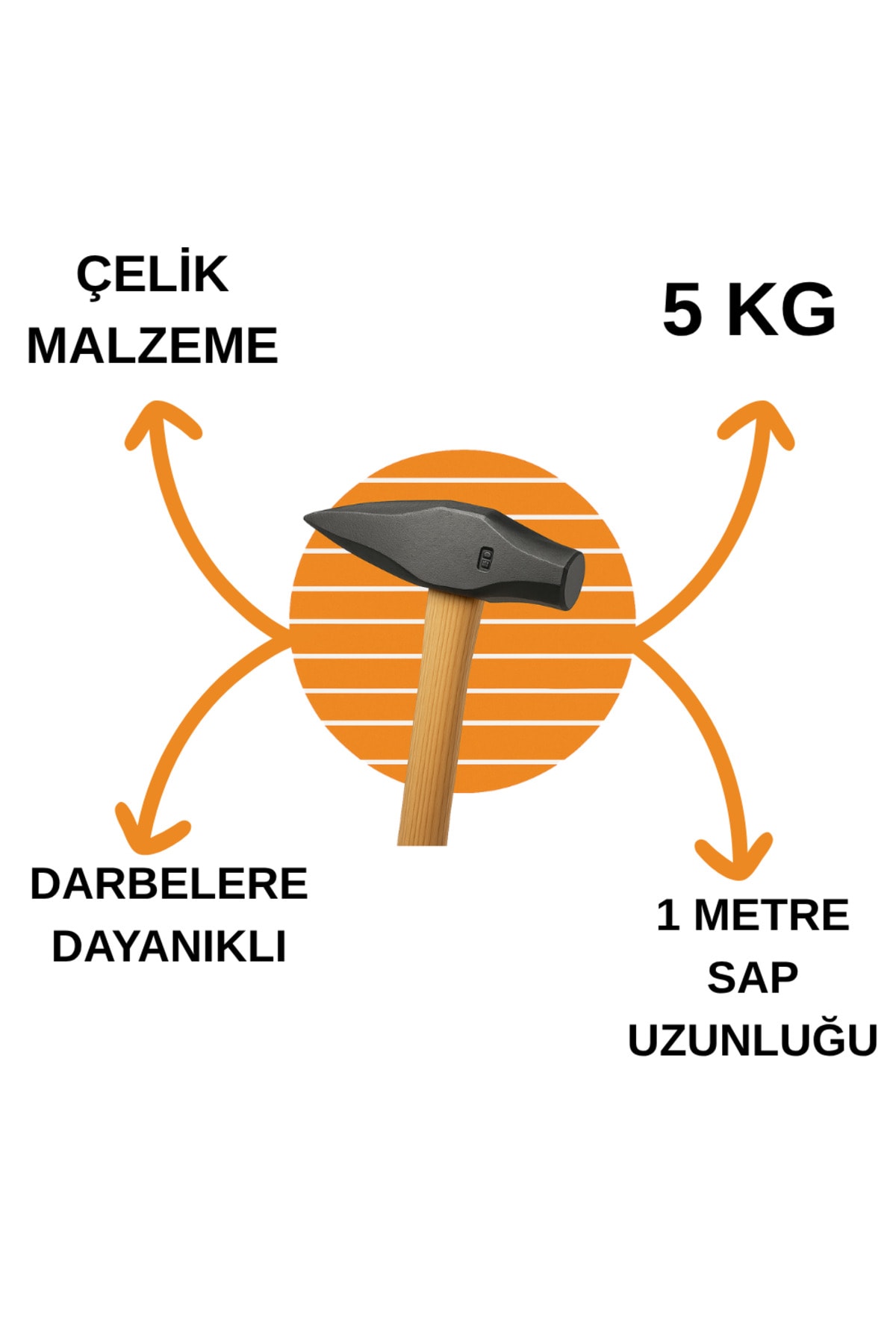 5kg Balyoz Başlığı Çelik Uçlu Sivri Yassı Çift Taraflı Profesyonel Yıkım İnşaat Şantiye Sanayi