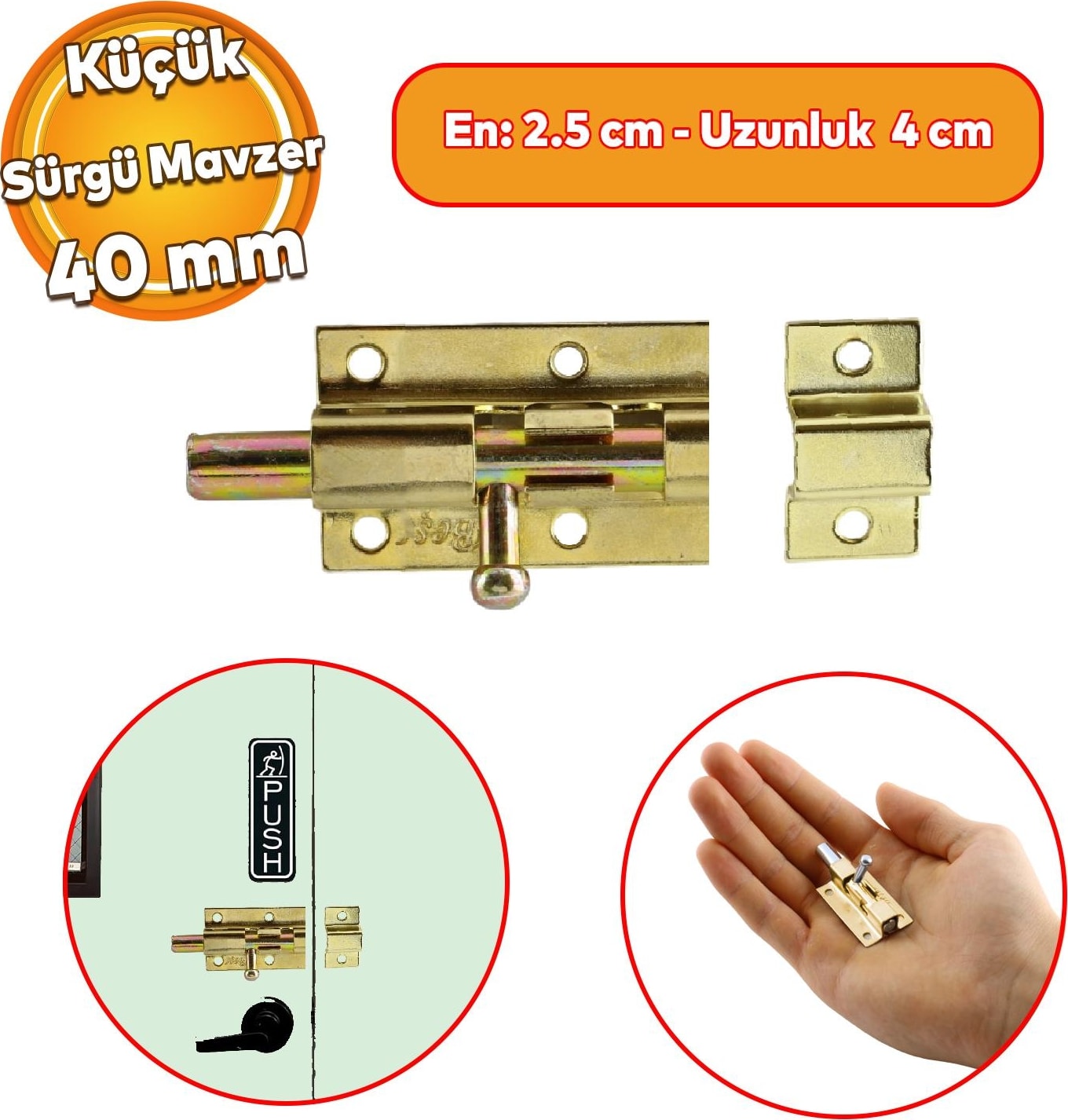 Küçük Mavzer Sürgü Sürgülü Sürgüsü Kilit 25X40 mm Kapı Pencere Emniyet Kilidi Metal Prinç Sarı