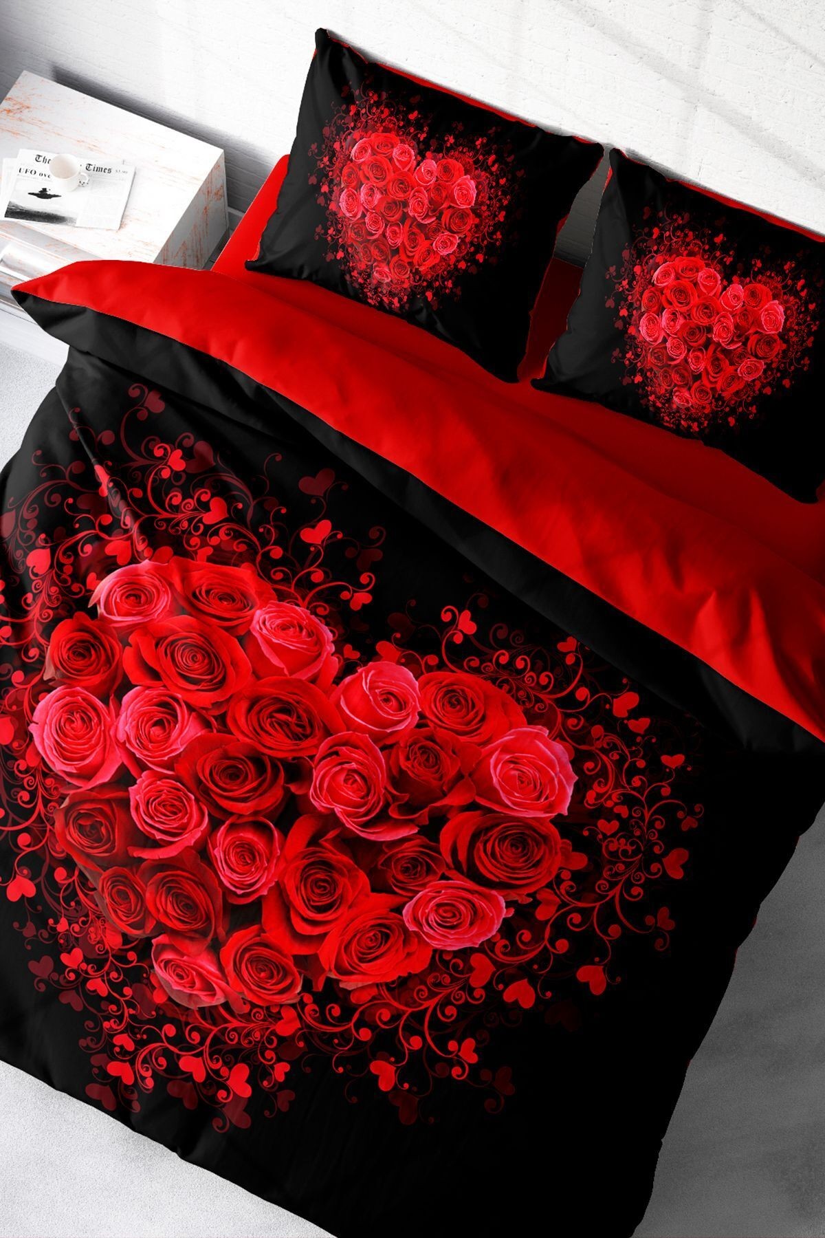 Çeyizlik Kalpli 3d Nevresim Takımı | %100 Pamuk Saten Rose Black Çift Kişilik