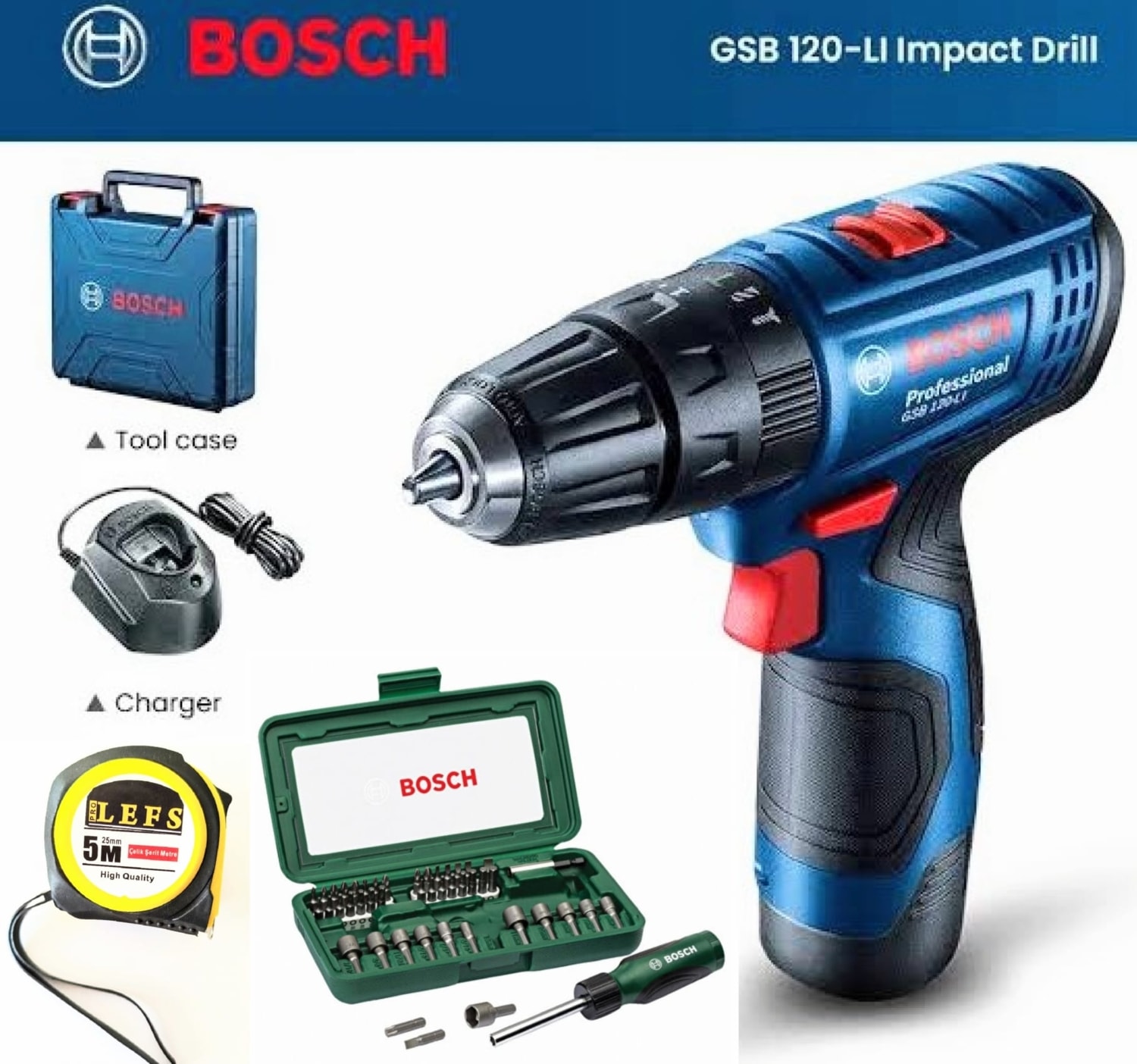 BOSCH Gsb 120 Li Darbeli Vidalama (Tek Batarya),bosch 46 Parça Cırcırlı Tornavida Seti ve Metre