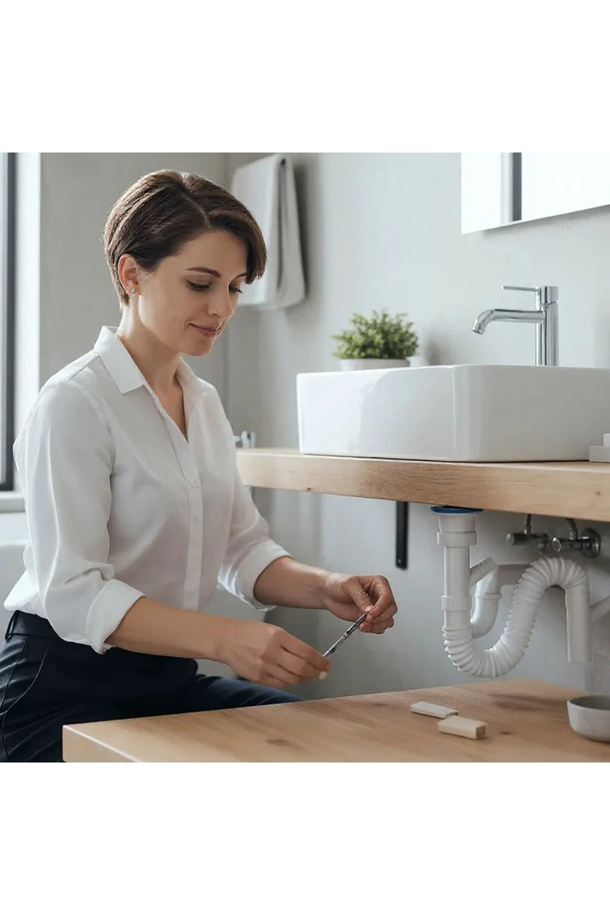 Lavabo Sifonu Çift Çıkışlı Körüklü Hortum Çamaşır ve Bulaşık Makinesi Uyumlu Süzgeç Koku Yapmaz