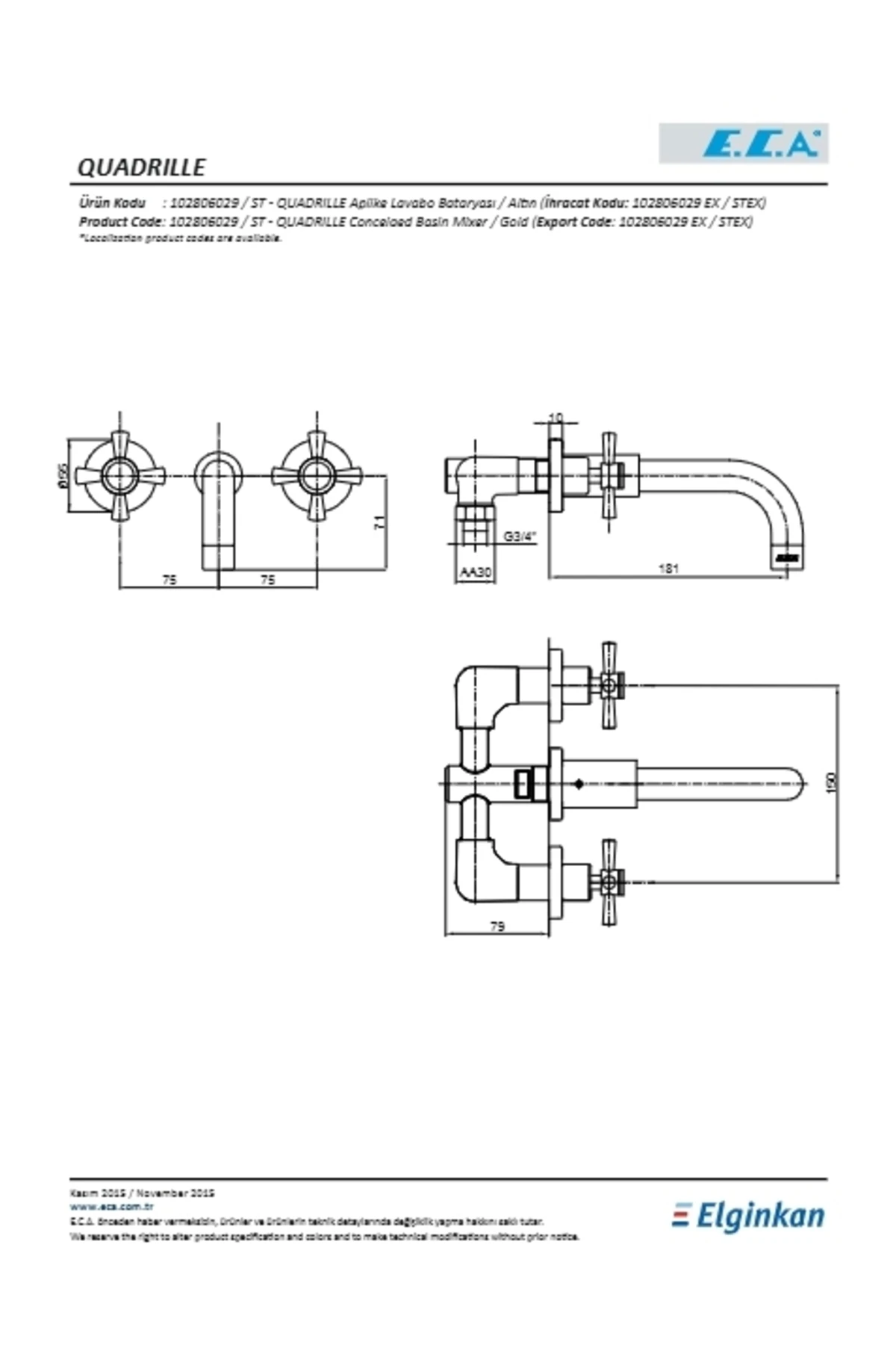 Quadrille Ankastre Lavabo Bataryası Duvardan Altın G.