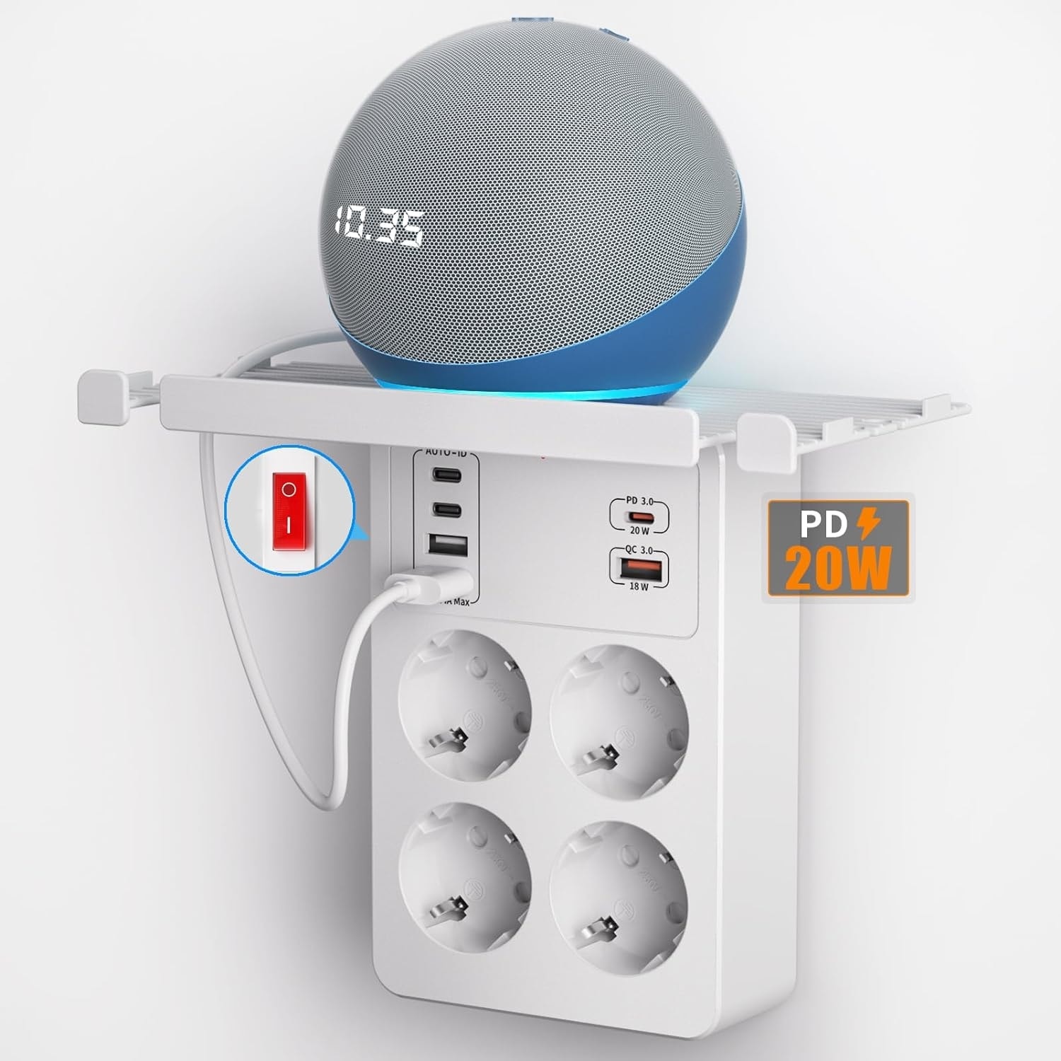 PD20W Anahtarlı Çoklu Priz USB C, Pd 3.0 ve QC18W Hızlı Şarjlı, Uzatmalı Priz 4 Çıkış ve 6 USB Şarj Cihazı Ile, Duvar Prizi Şarj Soketli Topraklı Fiş, 4'lü Priz Çoklayıcı Adaptör, Beyaz