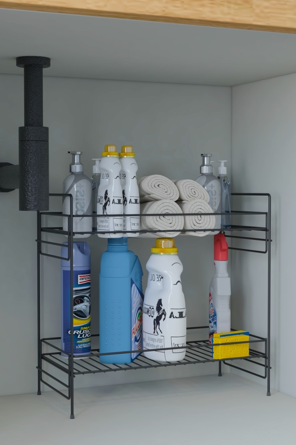 2 Katlı Evye Tezgah Altı Raf Banyo Mutfak Dolabı Çok Amaçlı Düzenleyici Deterjanlık Organizer 20X40