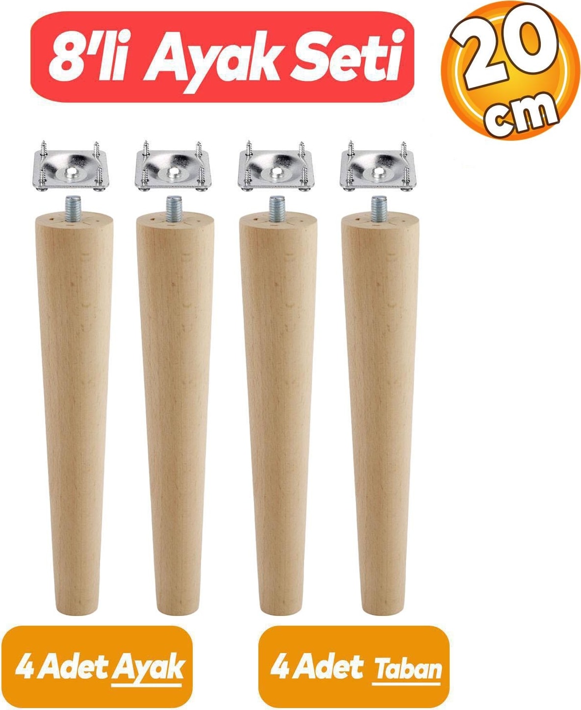 Ahşap (20 CM) Sehpa Konsol Puf Tv Ünitesi Ayağı Ayakları M8 Civatalı Bağlantı Aparatlı 4'lü Set