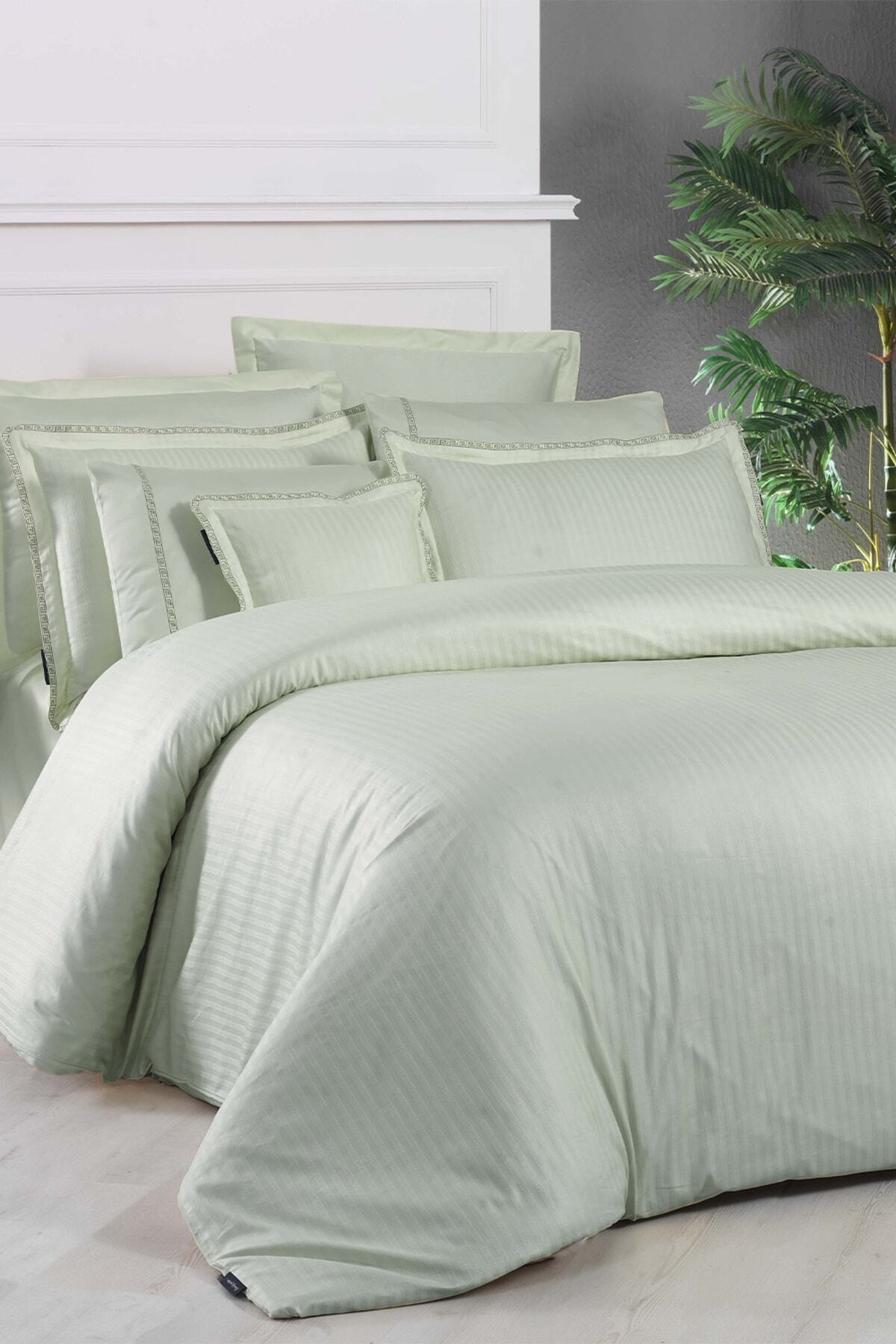 Jacquard Stripe Yeşil Çift Kişilik 260 Tc %100 Pamuk Saten Nevresim Takımı