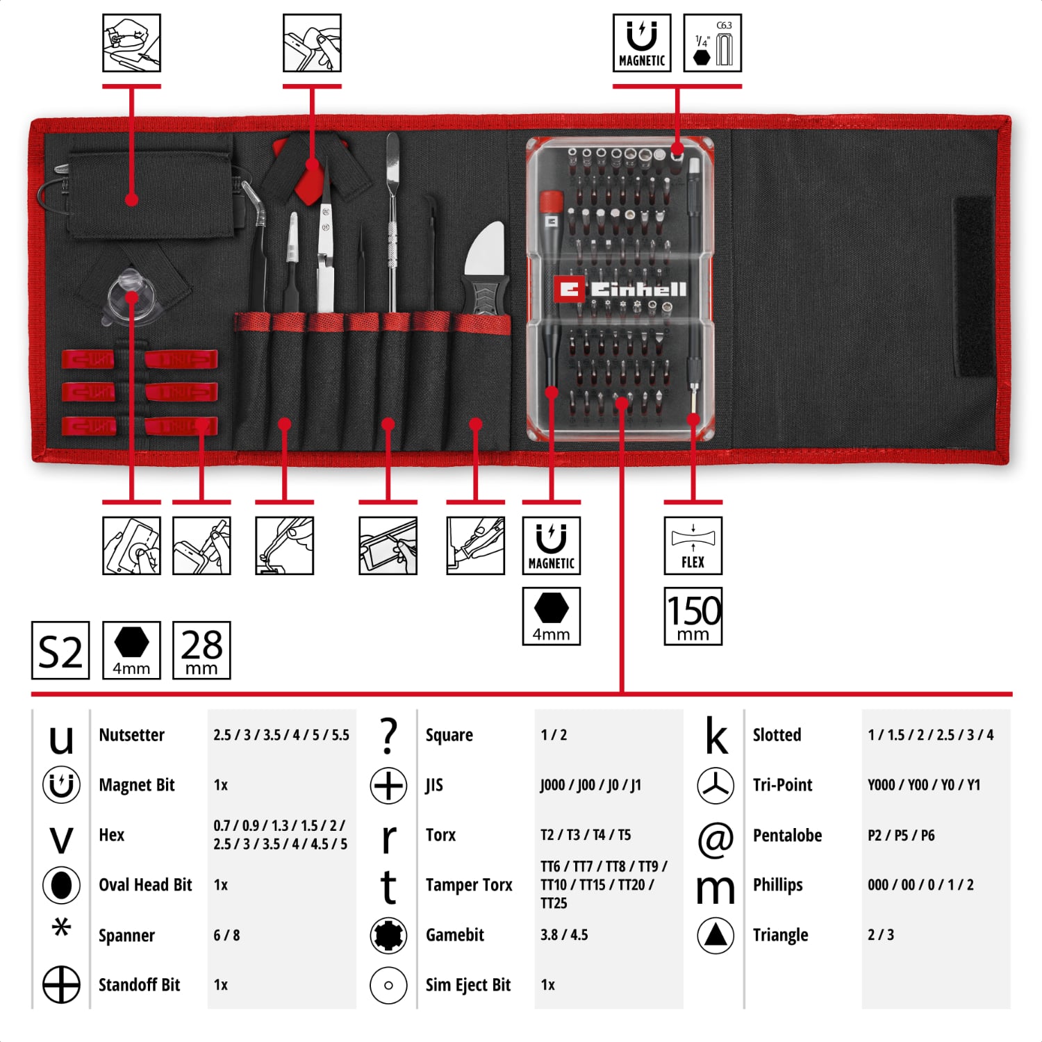 EİNHELL 84 Parça Hassas ve Elektronik tamir Seti (hassas uçlar ve lokmalar, tornavida ucu tutucusu, esnek şaft uzatması, topraklama aparatı, plastik açma aparatı) - 49115050