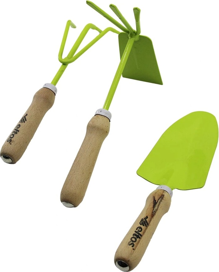 Eltos EBS-003 3pcs Bahçe Hobi Seti Renkli Metal Çift Başlı Çapa - 3 Dişli Tırmık - Kürek Ahşap Saplı (5047)